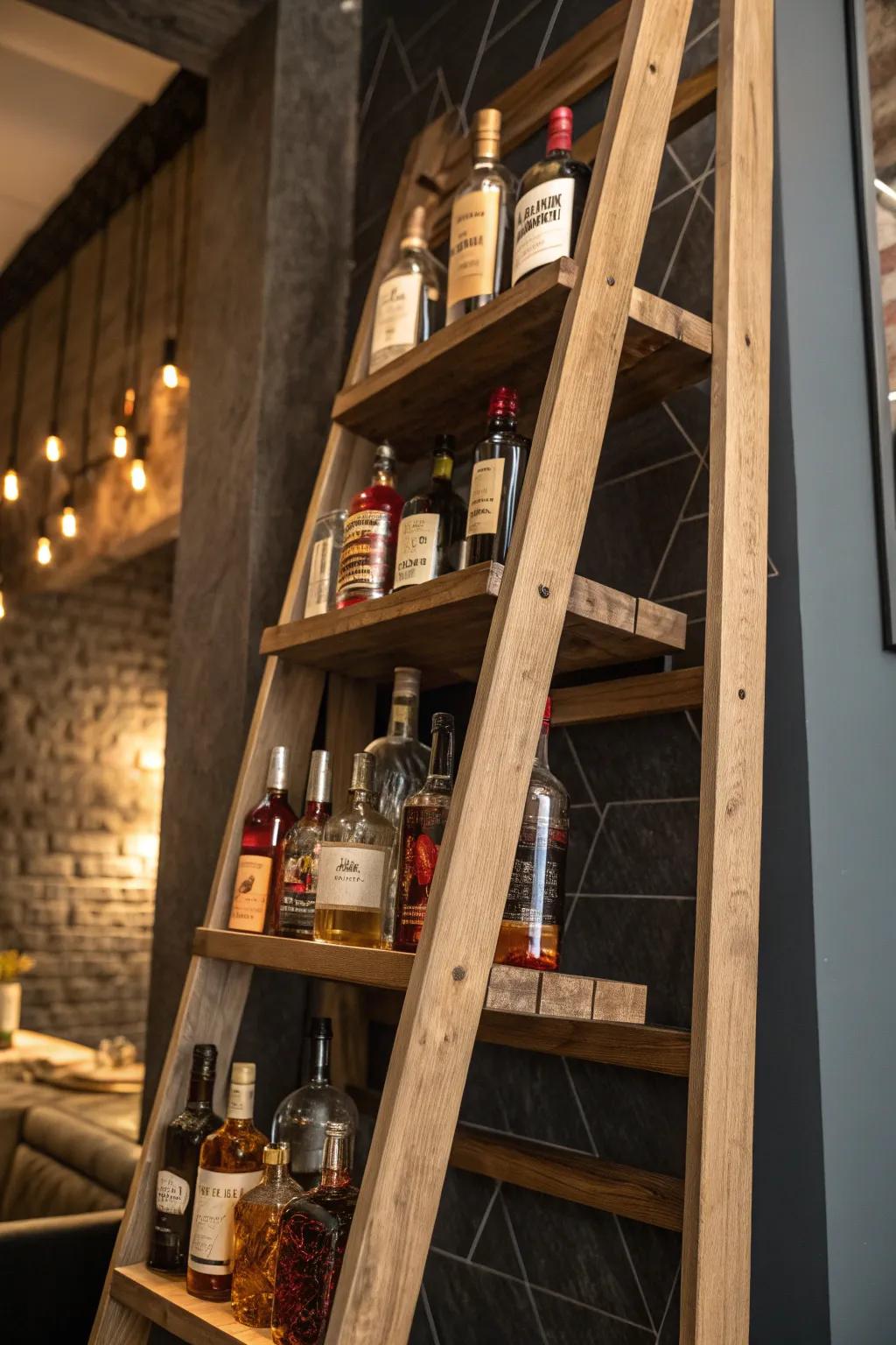 Elevate your home bar with a ladder shelf that blends craftsmanship and style.