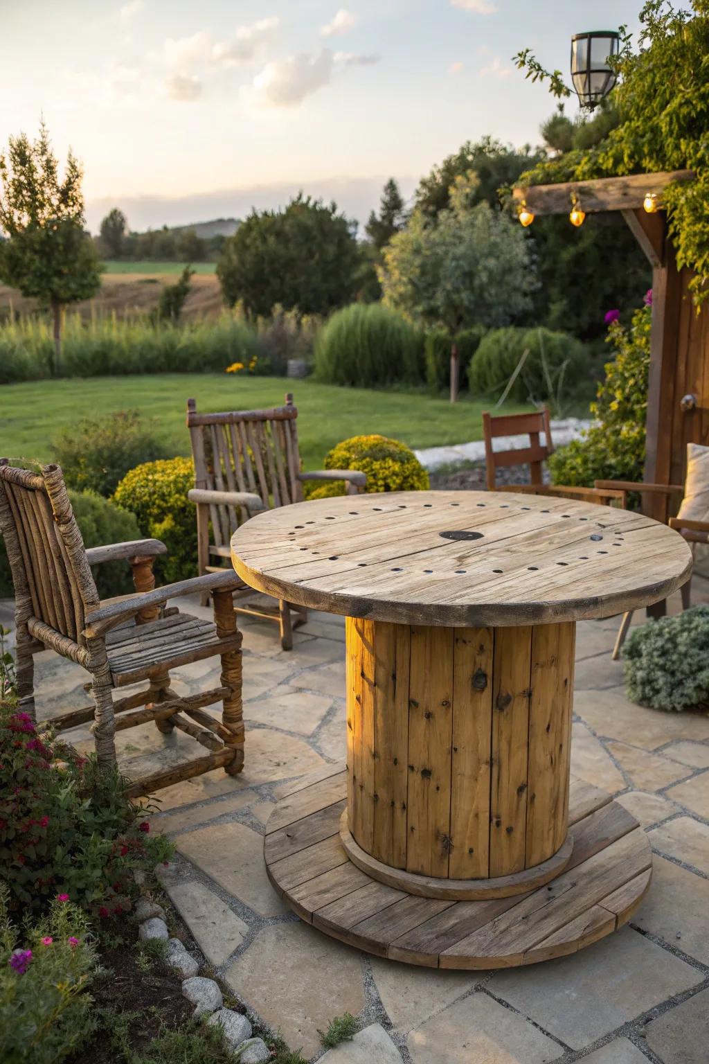 Transform your garden with this rustic outdoor patio table, crafted from a large wooden spool for a touch of artisanal charm.