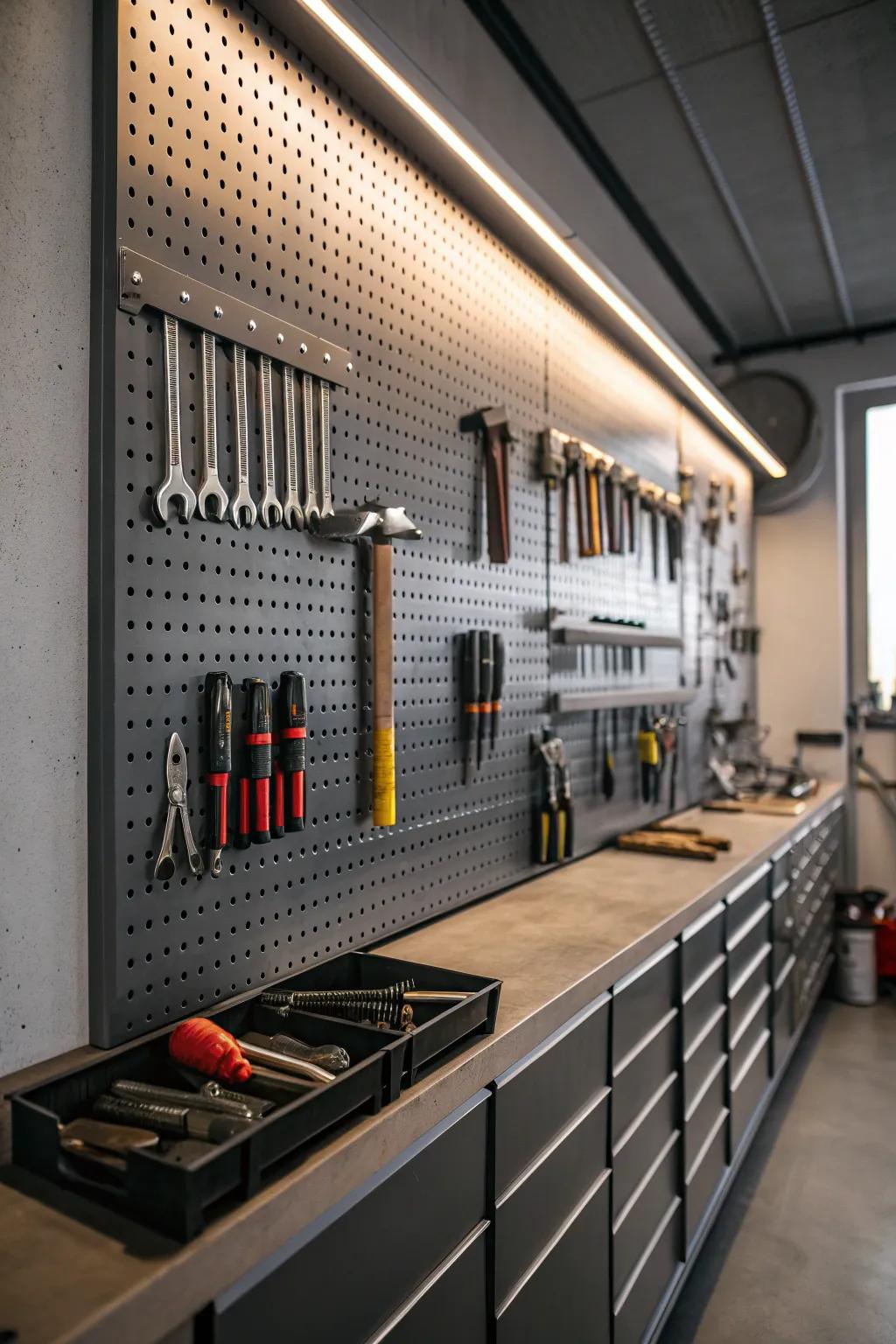Elevate your workshop with a sleek pegboard setup—where every tool is in its place and within reach.