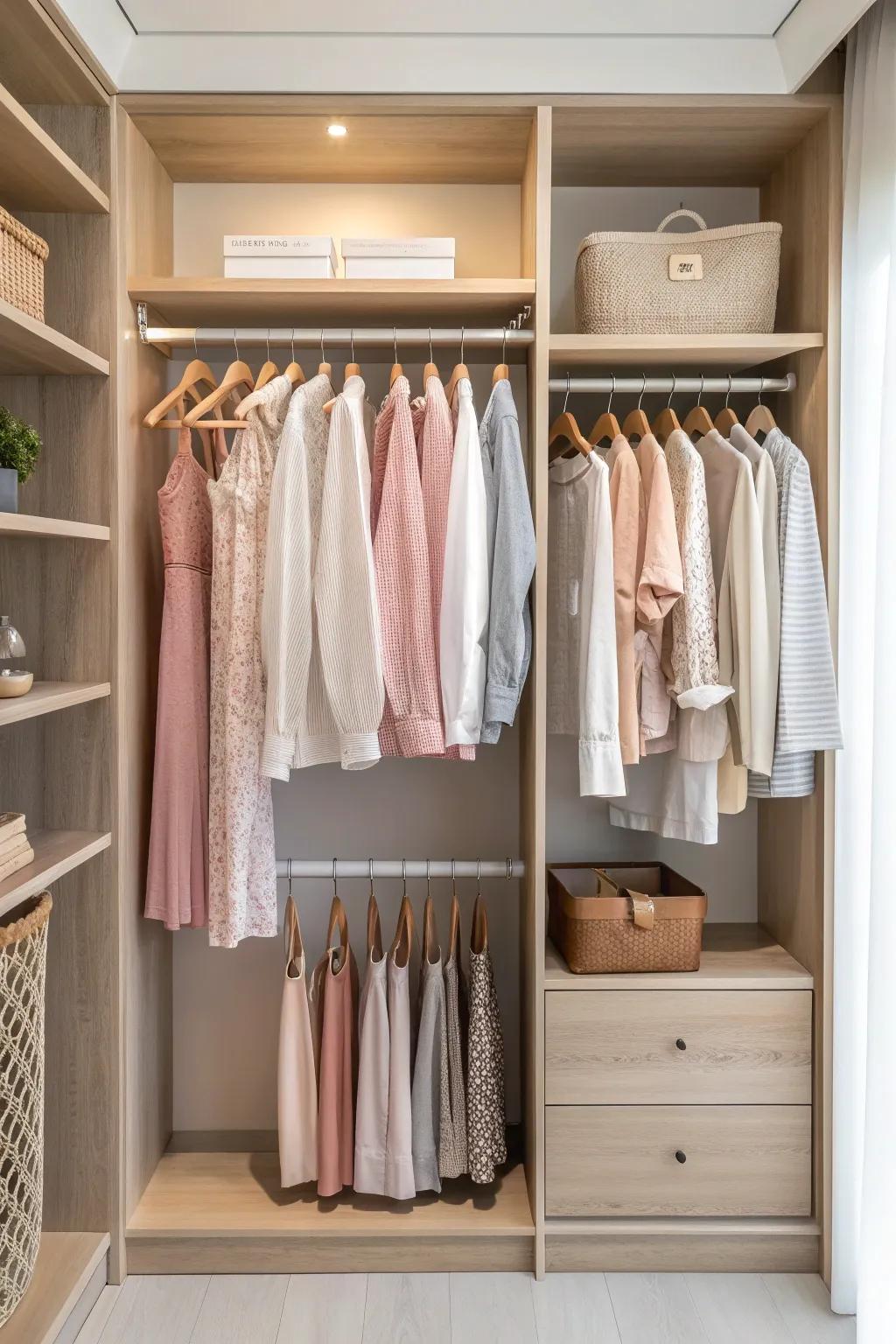 Maximize your closet space with a chic second rod - where simplicity meets style.