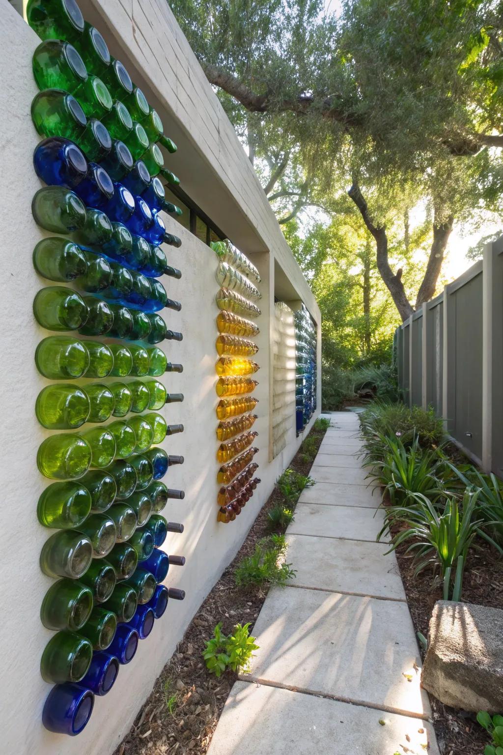 Transform your outdoor space with a magical glass bottle wall that dances with sunlight.