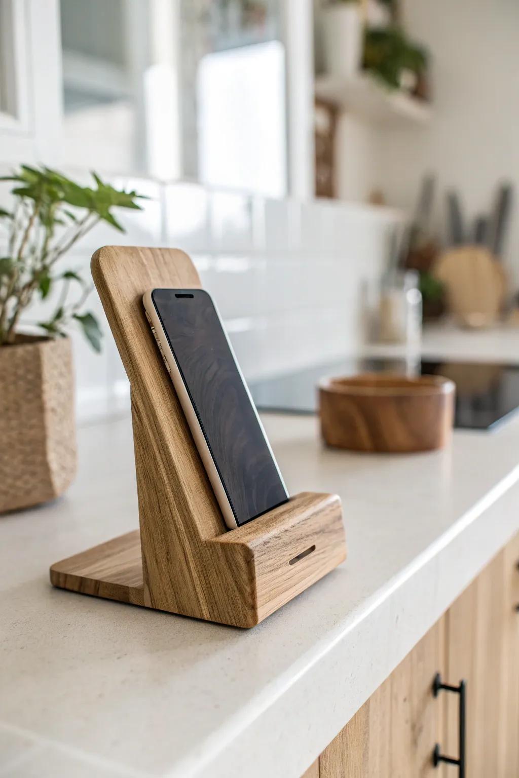 Elevate your space with a touch of rustic elegance. This simple wooden phone stand blends functionality with natural beauty.
