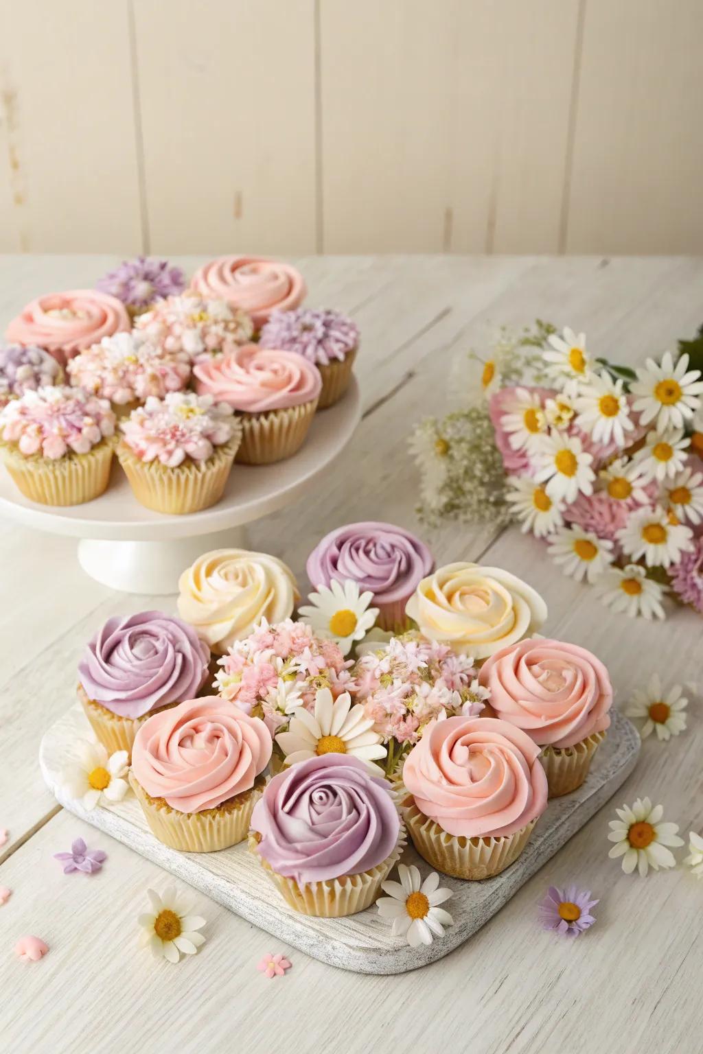 Transform your desserts into a garden of delights with this elegant floral cupcake arrangement.