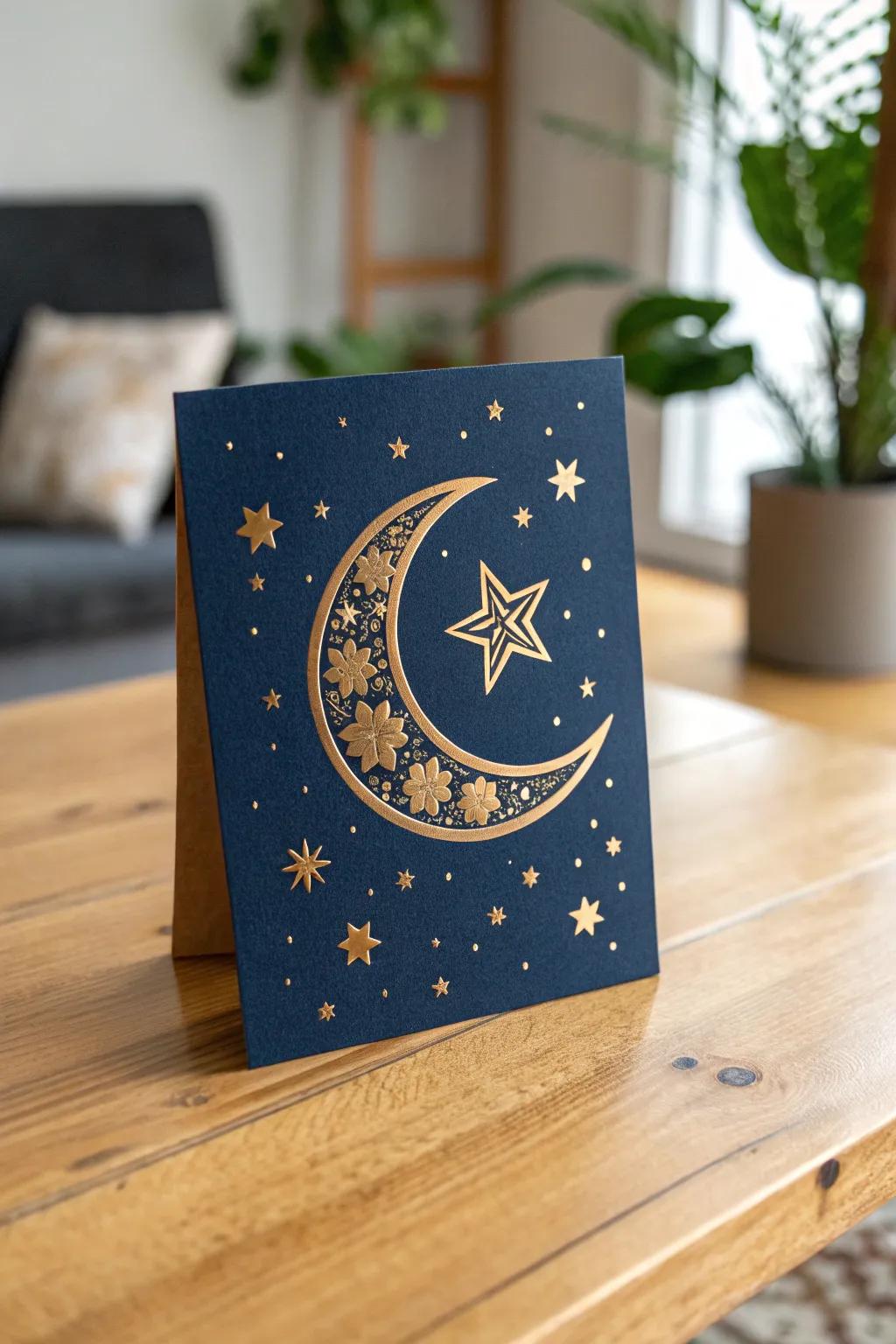 Captivating Ramadan card design: Crescent moons and stars bringing night-sky magic to life.