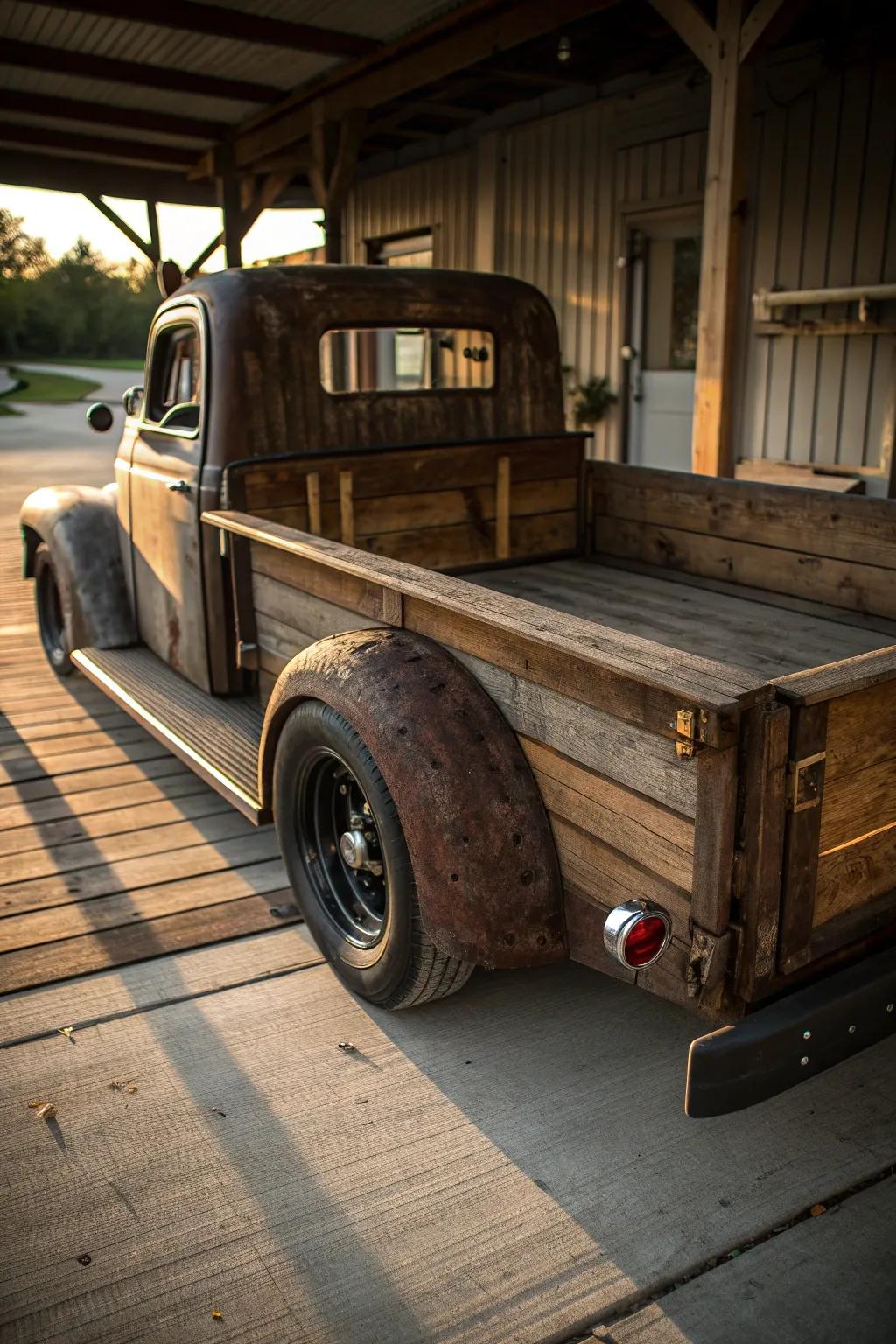 Elevate your rat rod with a rustic wooden bed—where craftsmanship meets vintage charm.
