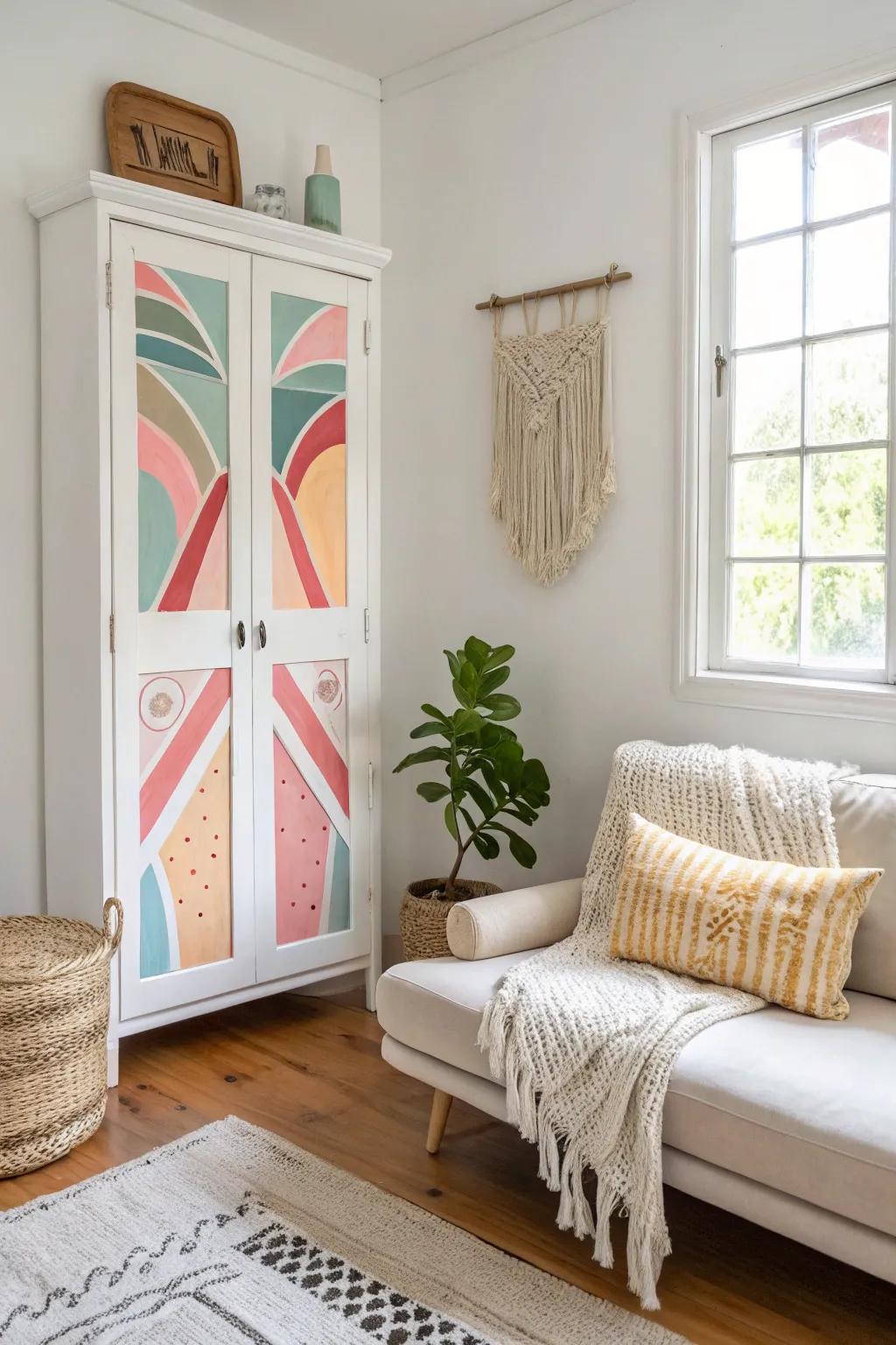 Breathe new life into old cabinet doors with vibrant abstract wall art that brings charm and personality to minimalist spaces.