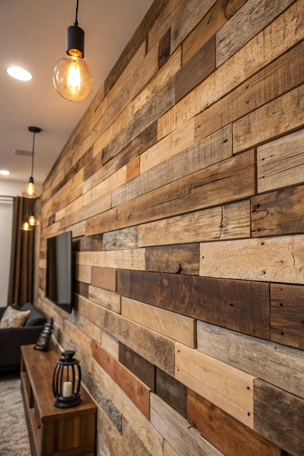 Elevate your space with the timeless charm of a rustic wood wall.