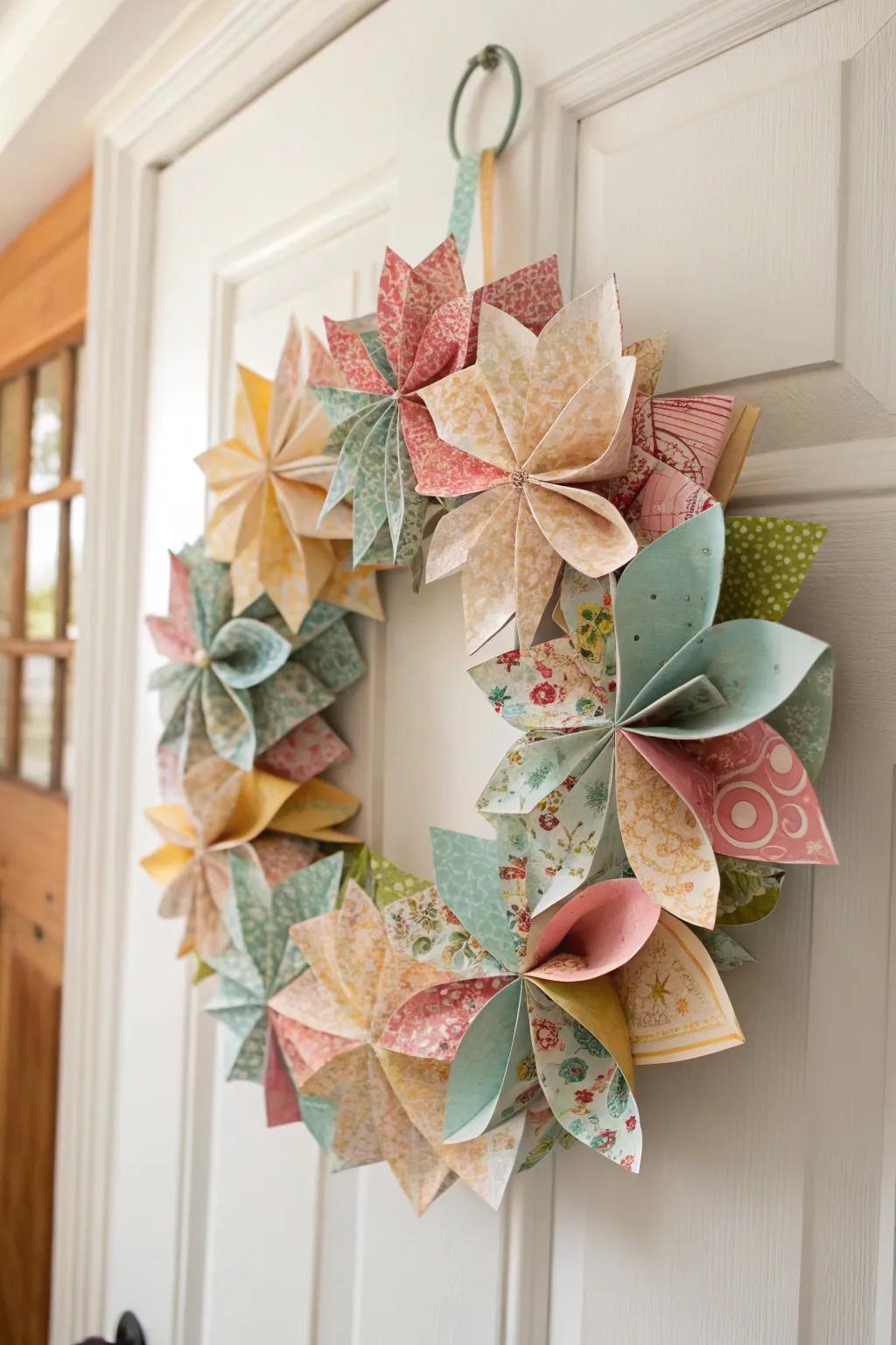 Elevate your entryway with a handcrafted scrapbook paper wreath, where creativity meets minimalist charm.