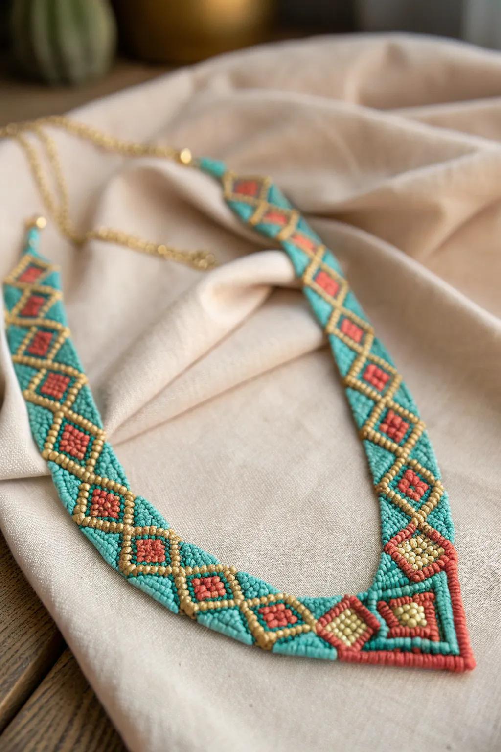 Embrace the allure of bold geometry with this vibrant seed bead necklace, where modern design meets artisanal elegance.
