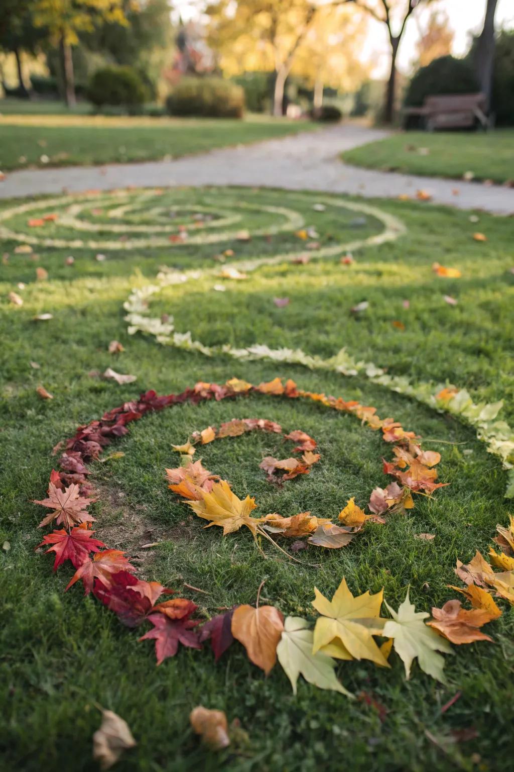 Nature's Whirl: Transforming fallen leaves into a captivating spiral masterpiece.