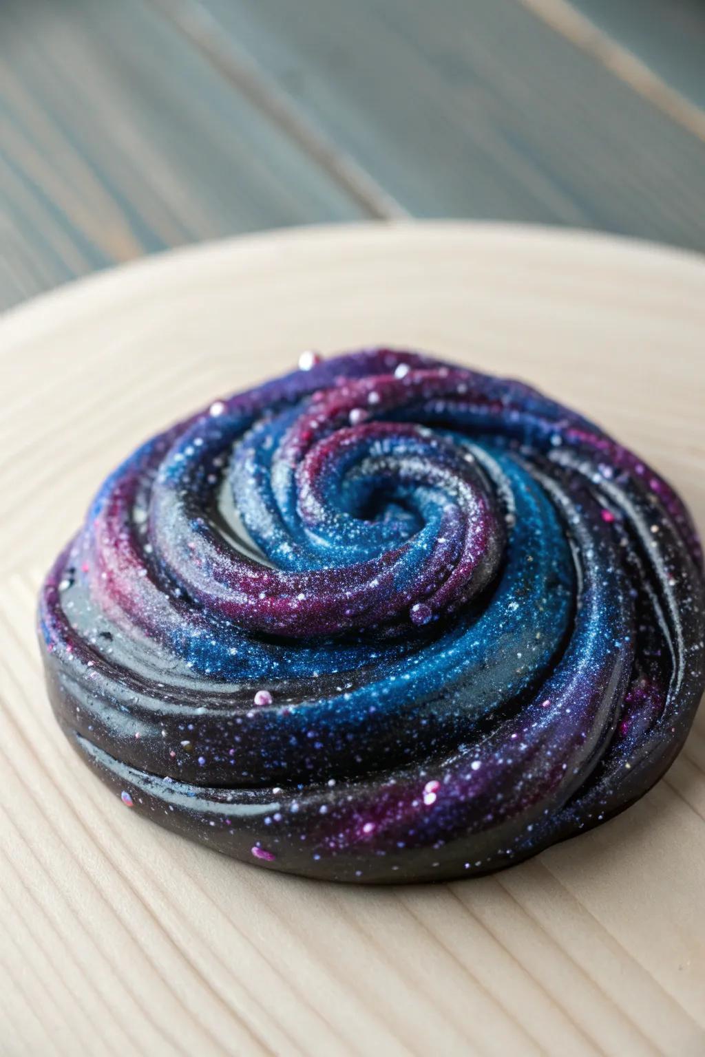 Dive into the cosmos with this enchanting galaxy slime, where deep hues and glitter create a mesmerizing dance of colors.
