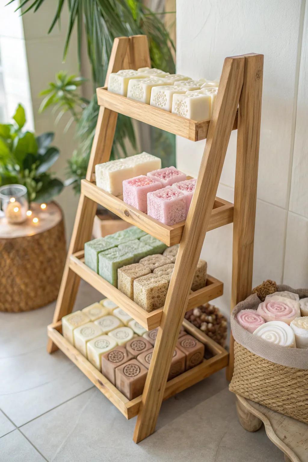 Elevate your soap-making space with a stunning multi-tiered rack that blends Scandinavian minimalism with a boho flair.