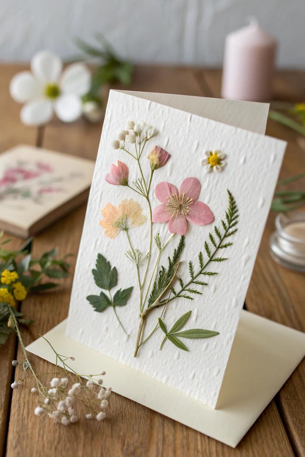 Capture the essence of spring with the delicate beauty of pressed flower cards – a touch of nature's elegance in every fold.