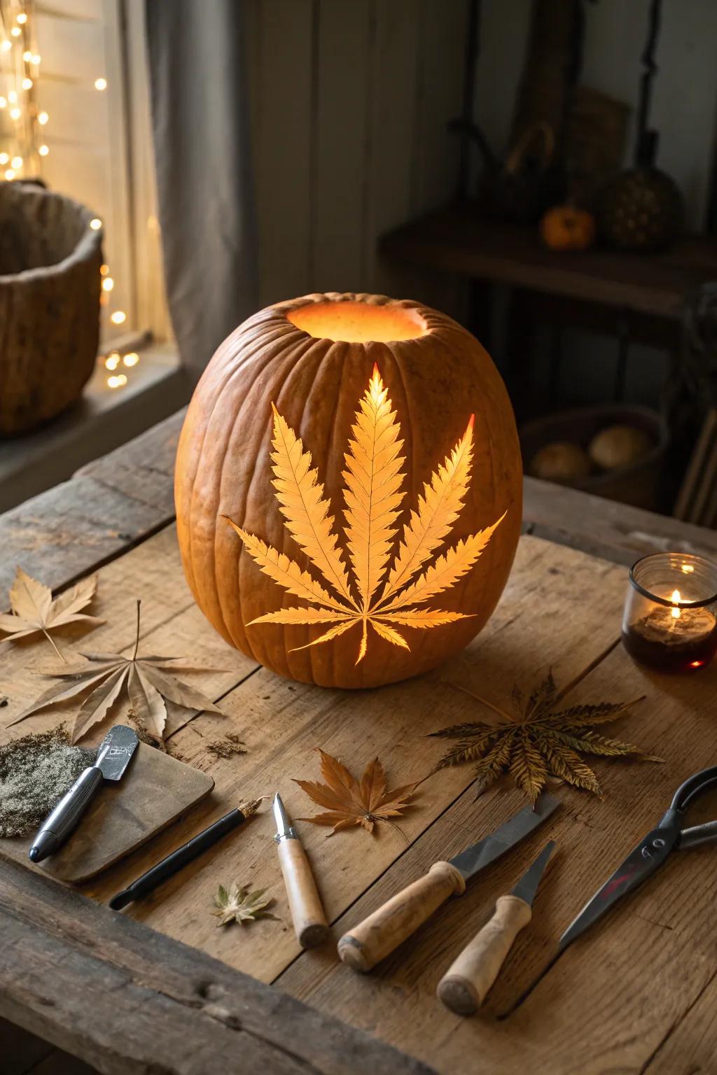 Embrace the art of pumpkin carving with this classic cannabis leaf design, perfect for adding a bold touch to your autumn decor.
