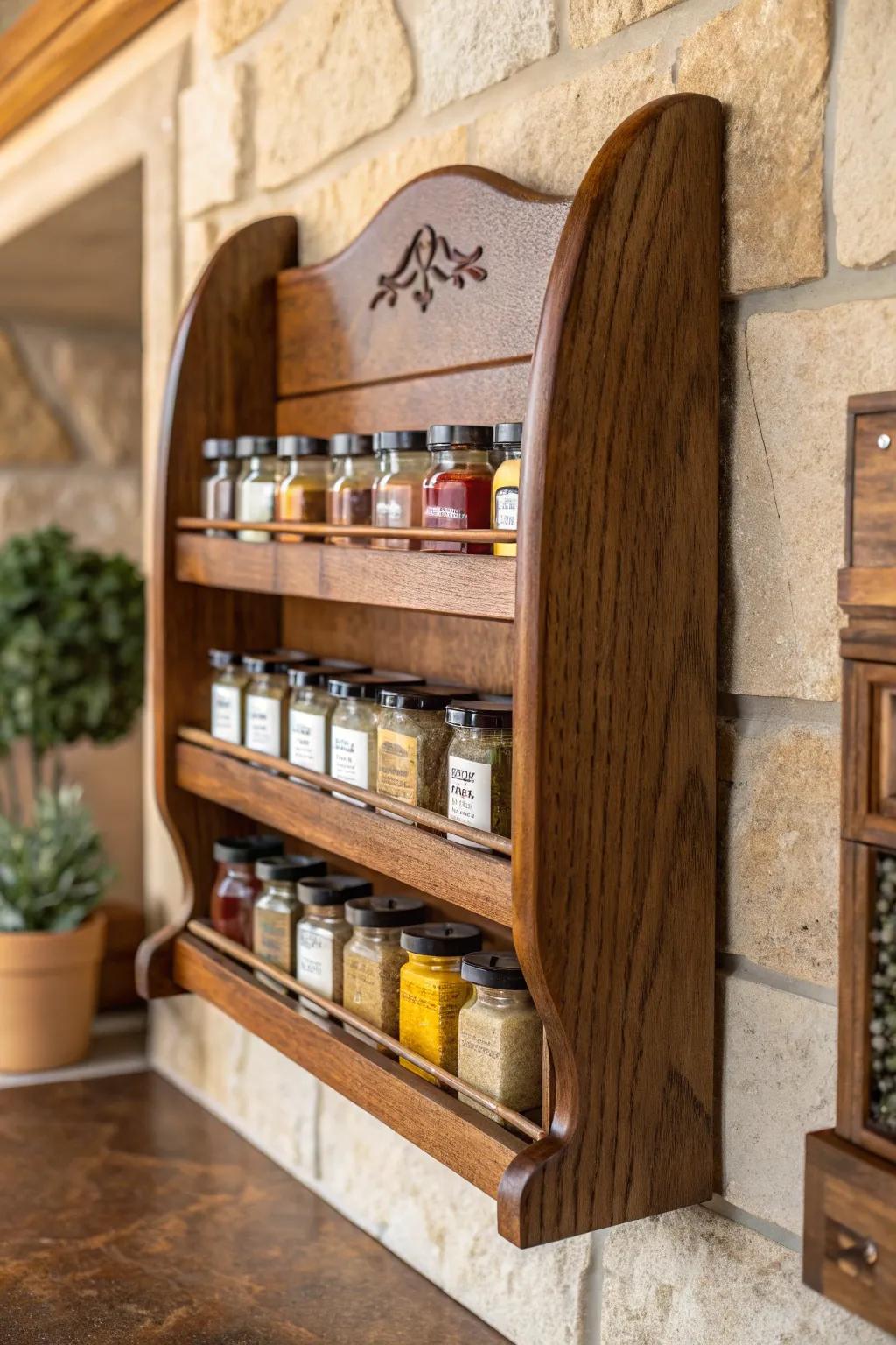 Transform your kitchen with this stunning wall-mounted wooden spice rack—a perfect blend of style and functionality.