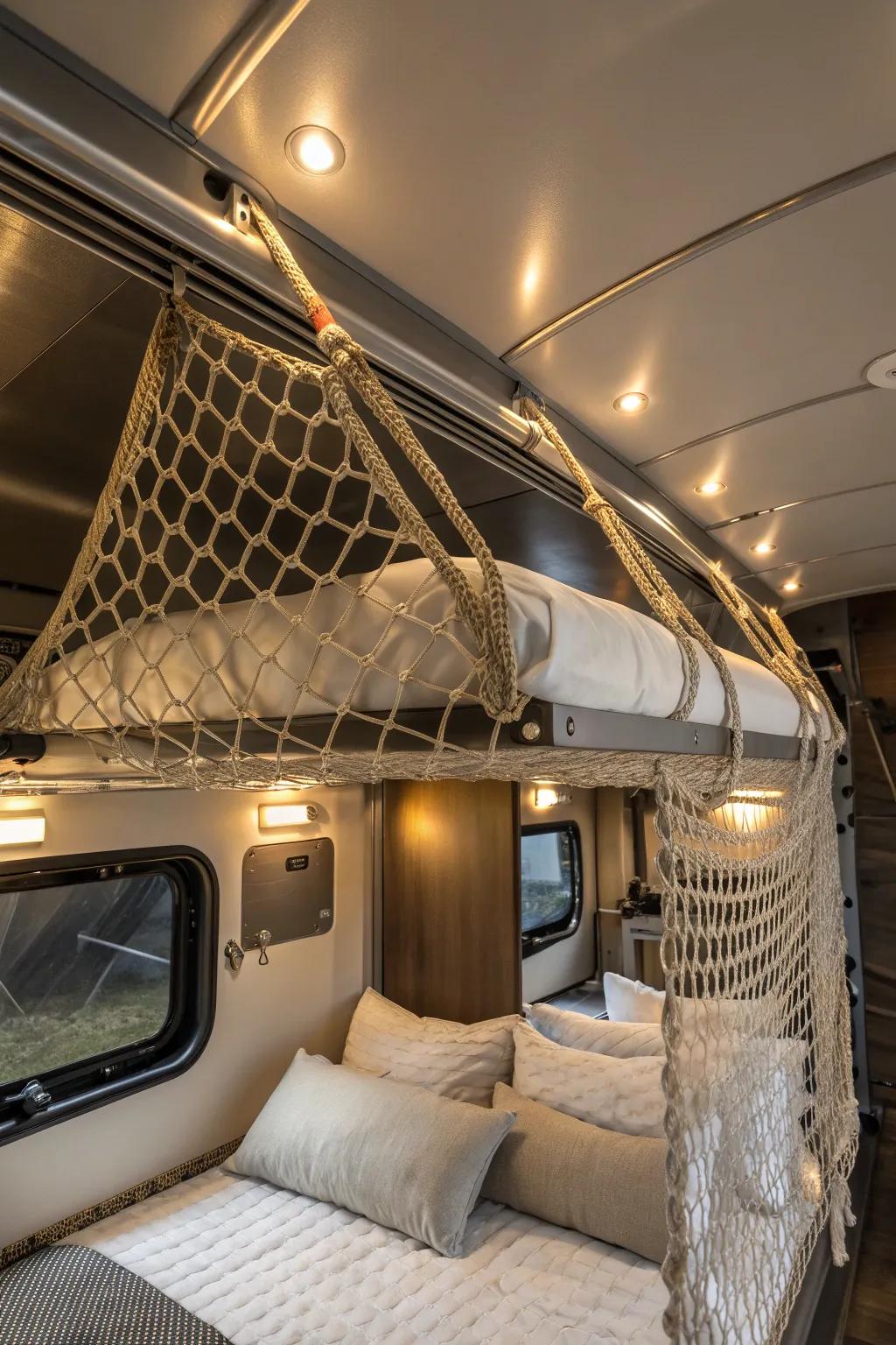 Elevate your Airstream storage with sophisticated overhead netting solutions.