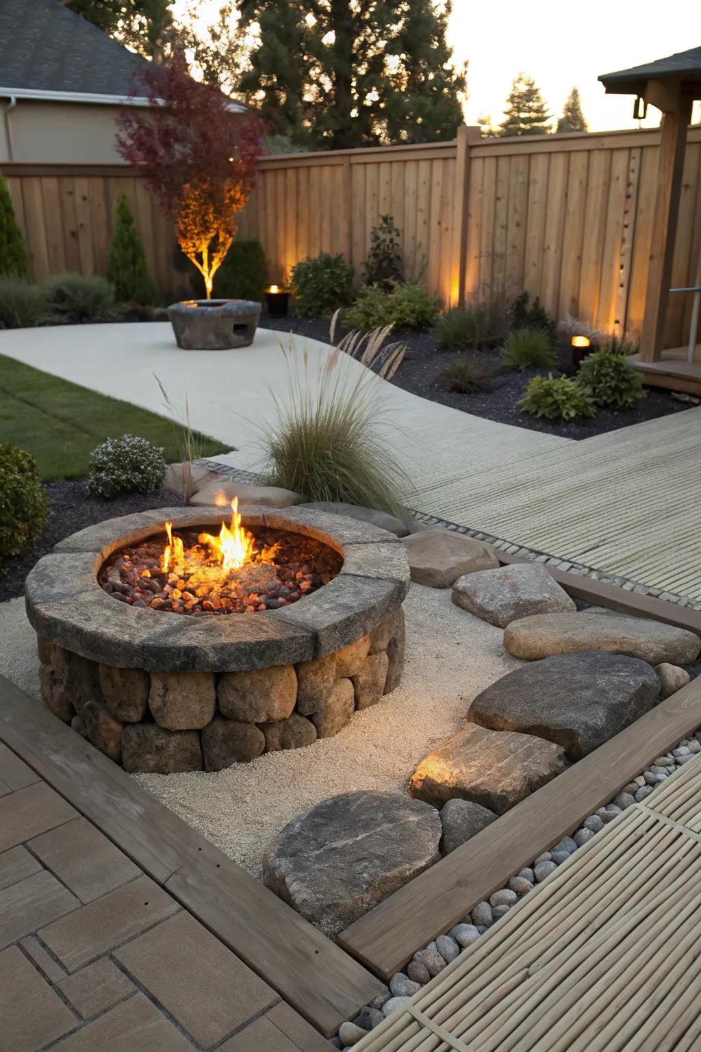 Find your peace by the fire: A Zen garden oasis for calm evenings.
