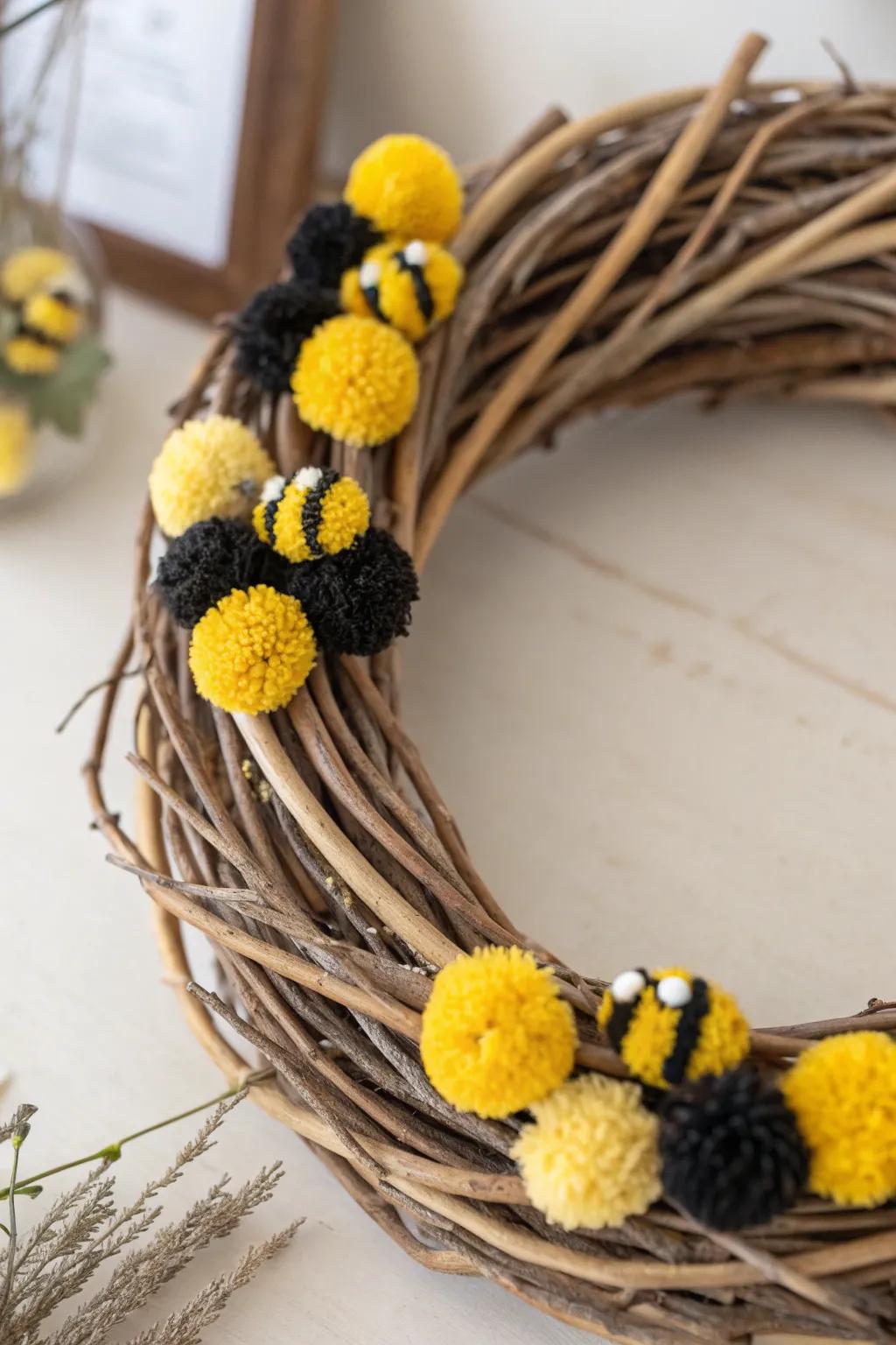 Bring a buzz of joy to your space with this charming pom-pom bee wreath!