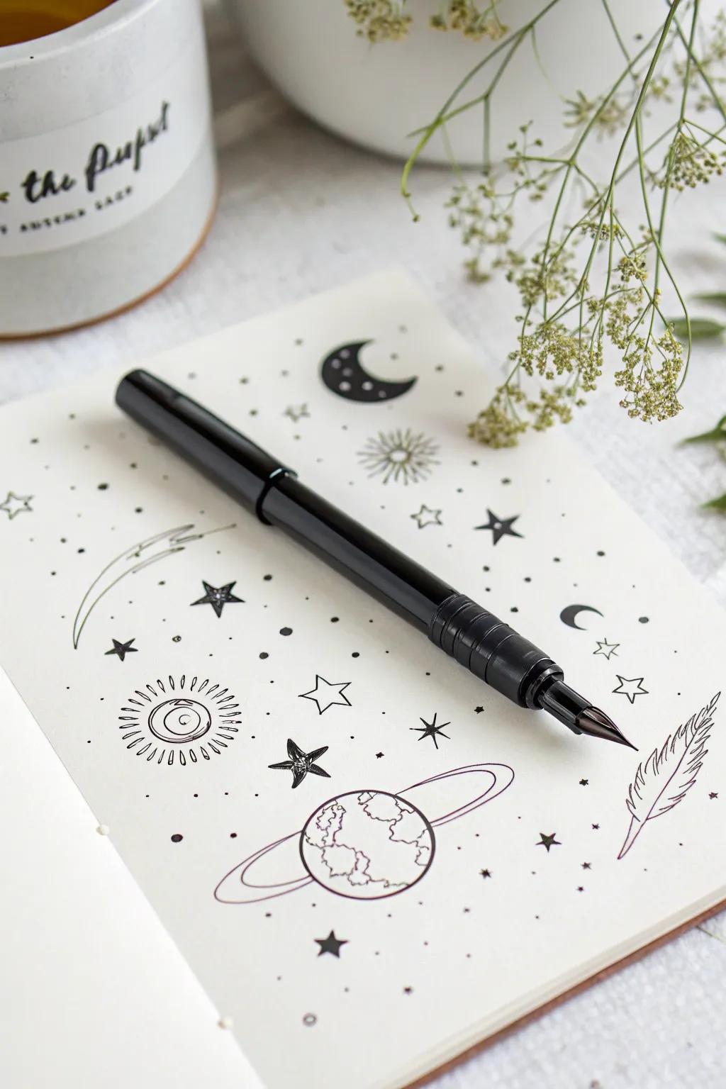 Unleash the universe with minimalist celestial black pen art.