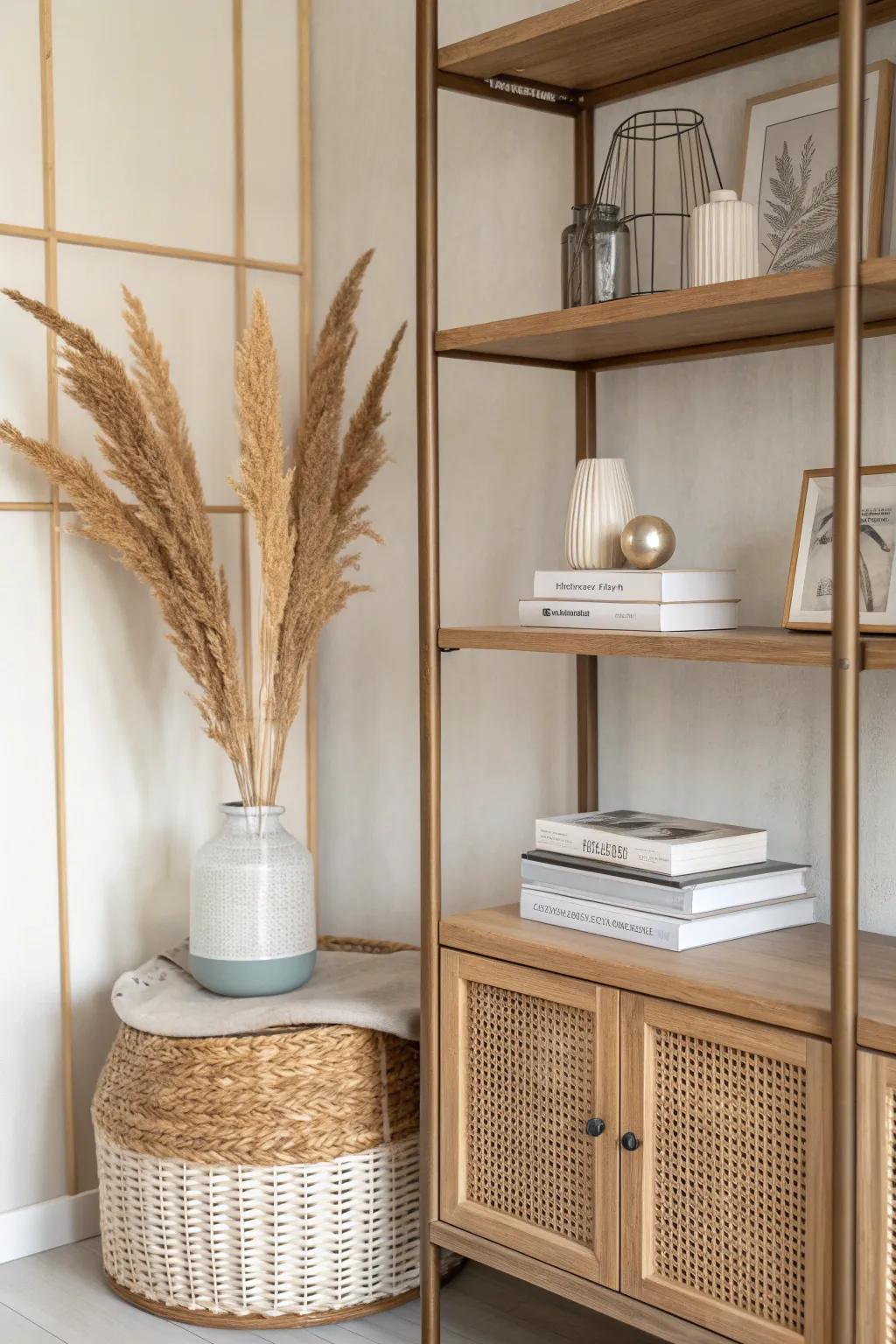 Transform your bookshelf with layered textures for a cozy and chic look.