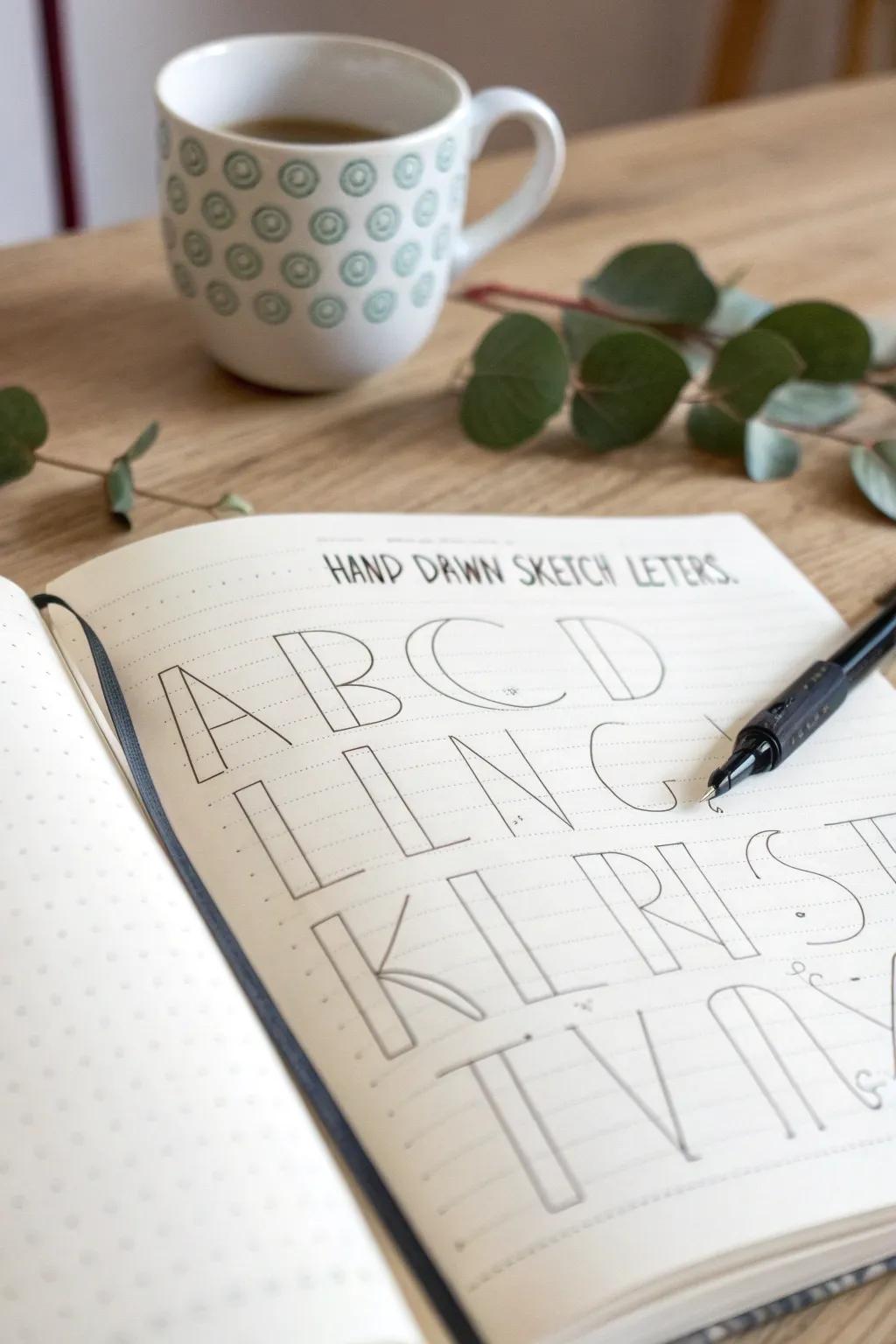 Embrace the art of imperfection with hand-drawn sketch letters in your bullet journal – where simplicity meets creativity.