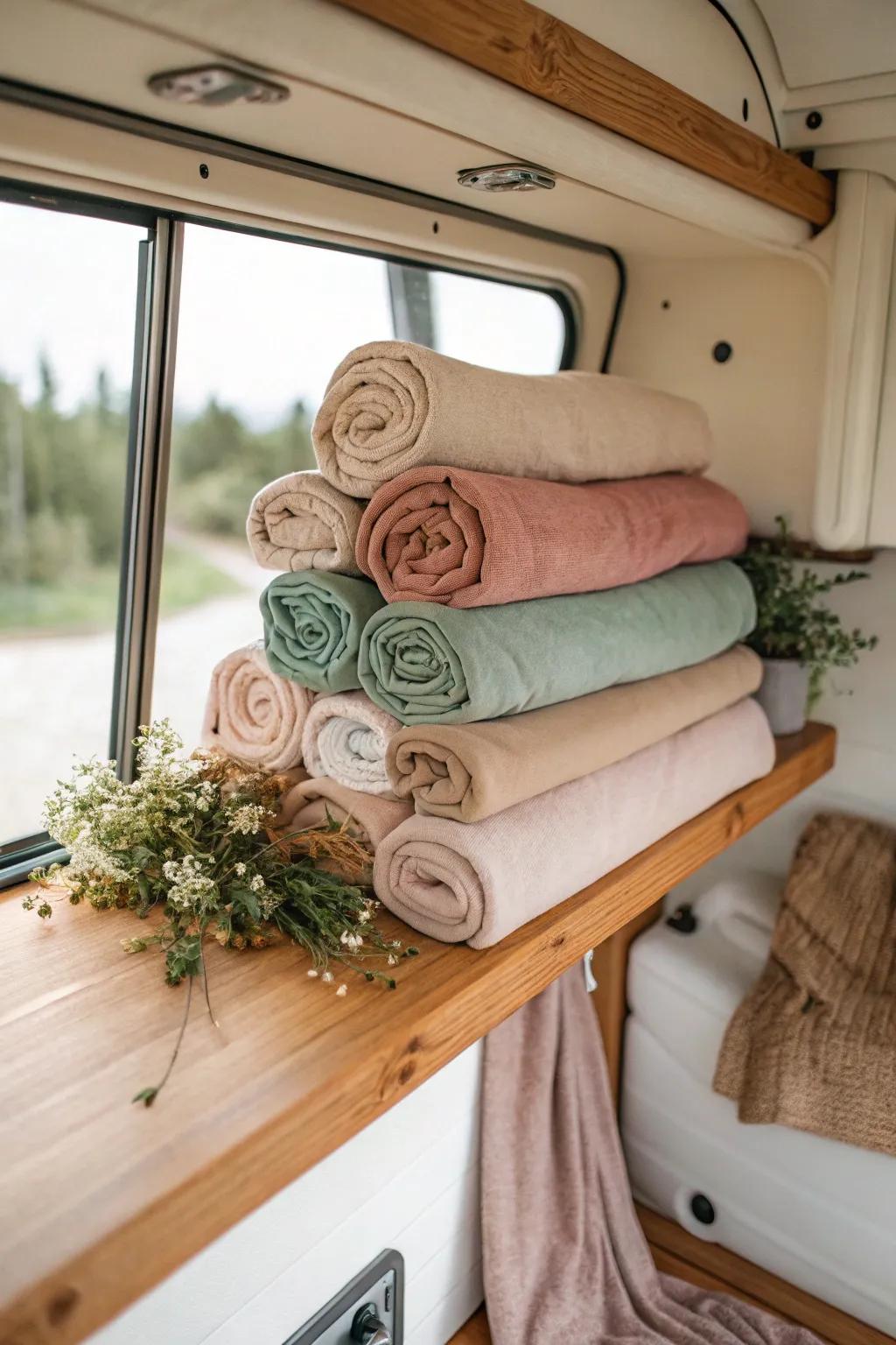 Maximize your space with beautifully rolled outfits—effortless style and convenience for your camper adventures.