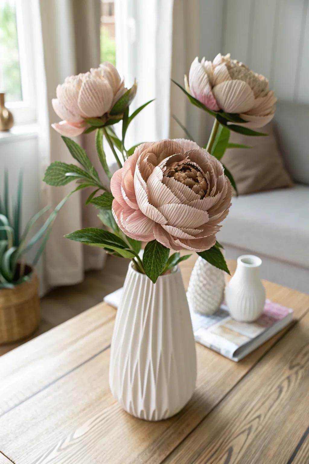 Add a touch of romance to your space with this exquisite cardboard peony posy.