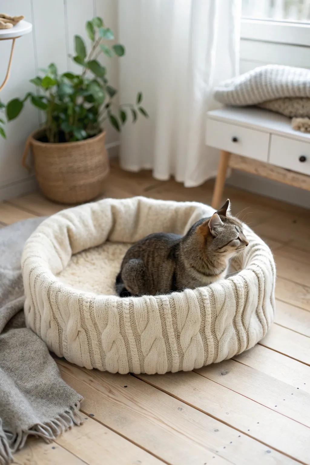 Transform nostalgia into comfort: a cozy sweater turned into the perfect cat sanctuary.