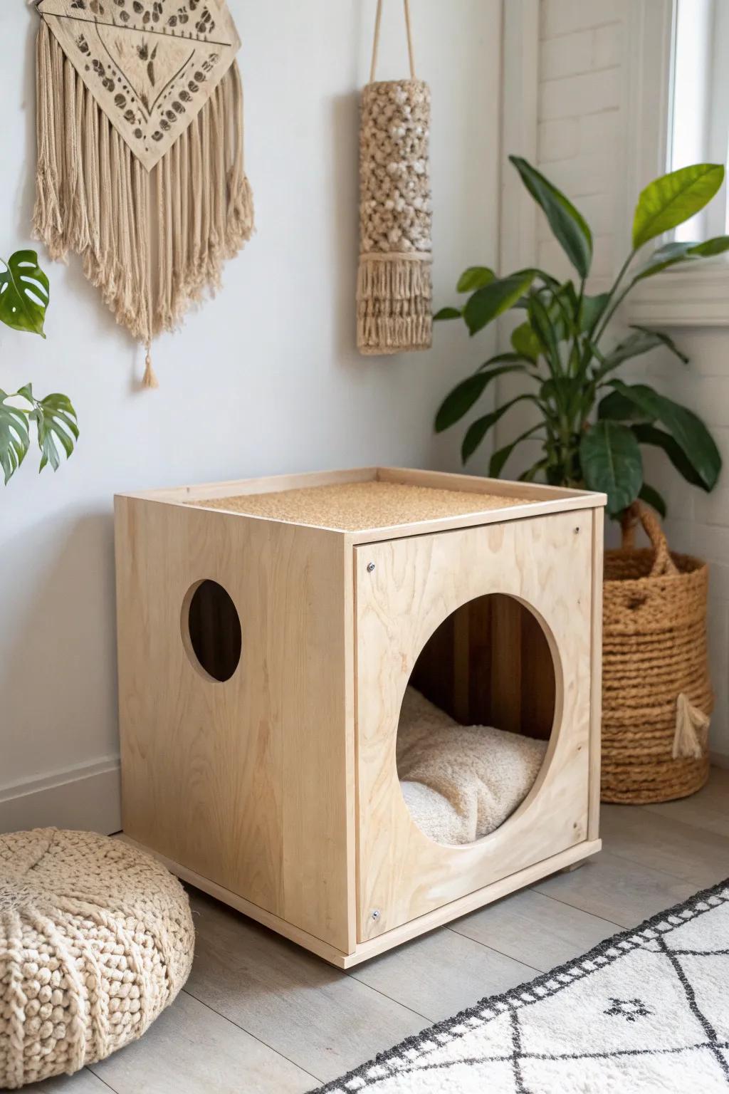 Create a serene sanctuary for your feline friend with a minimalist cat cubby, blending Scandinavian simplicity with boho warmth.