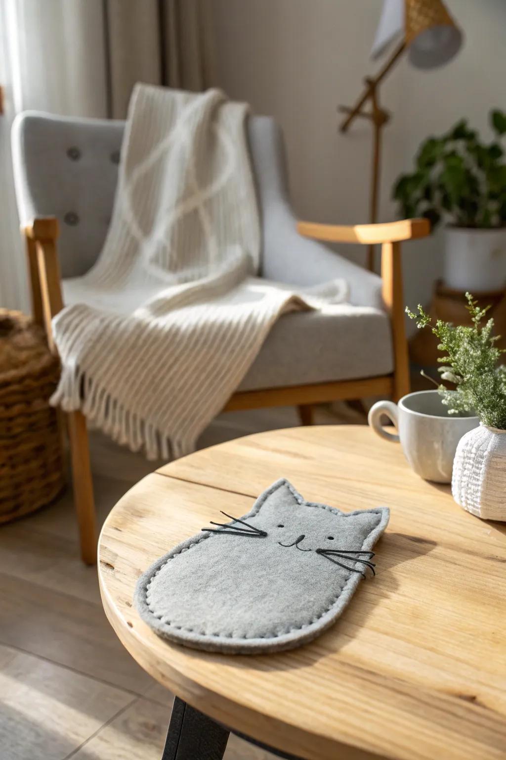 Elevate your coffee table style with these adorable felt cat coasters, blending minimalist charm with a touch of boho flair.