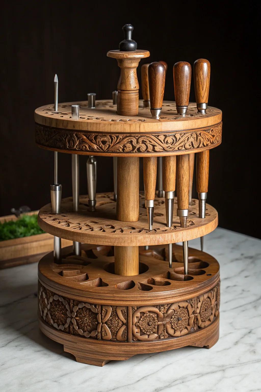 Elevate your workshop with this artisan-crafted rotating chisel carousel, where form meets function.