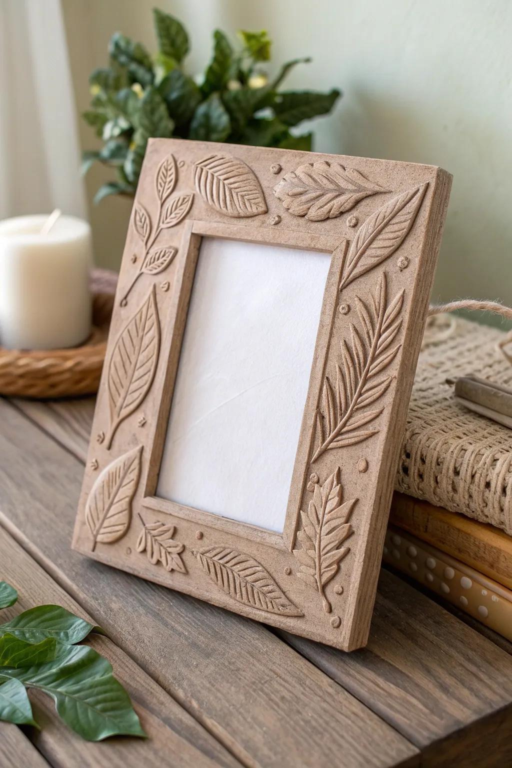 Eco-friendly elegance: A handcrafted clay frame with nature's touch.
