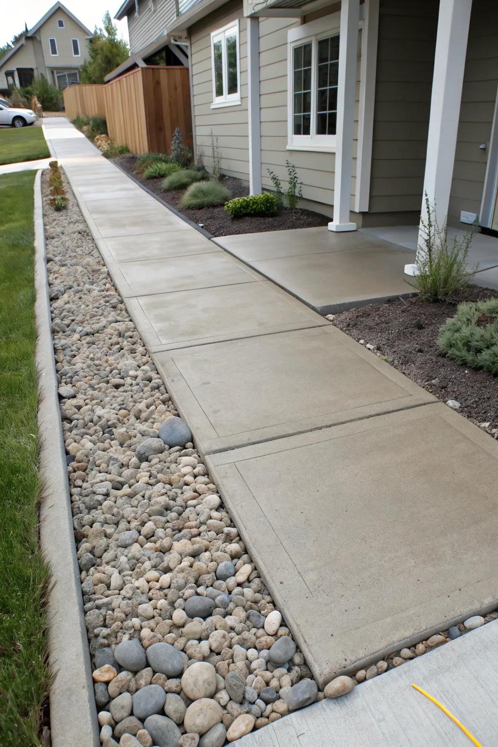 Transform your front entrance into a Zen haven with crafted concrete and peaceful pebble borders.