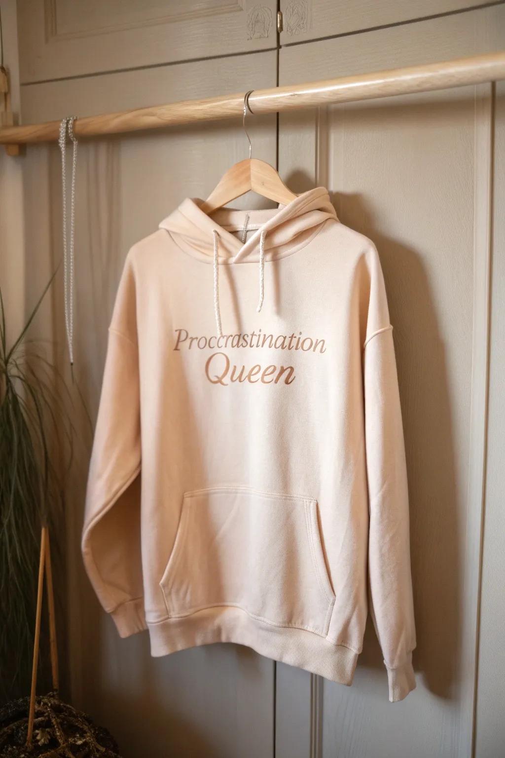 Embrace your inner Procrastination Queen with this charming custom hoodie. A perfect blend of humor and minimalist style!