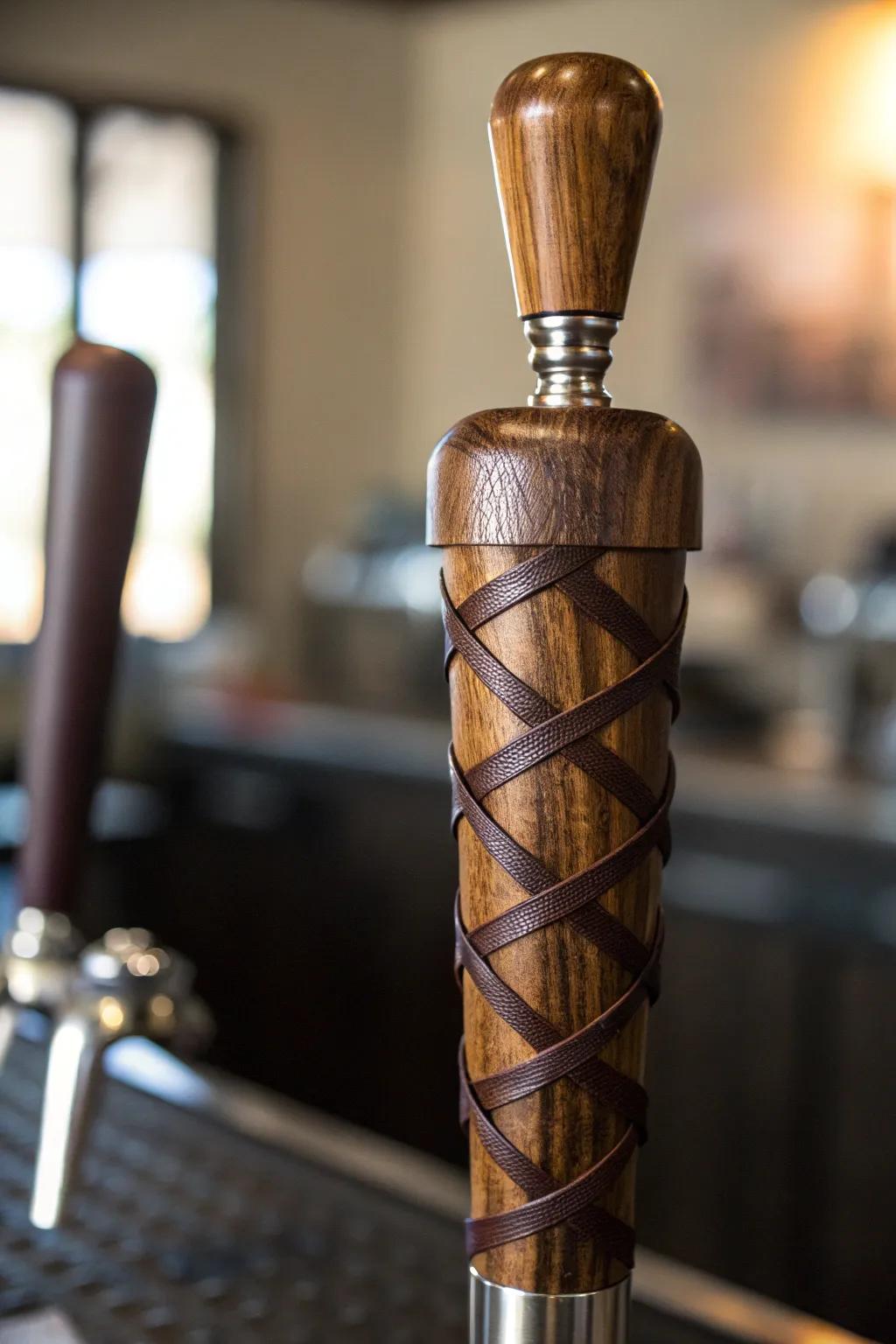 Elevate your home bar with a touch of sophistication: a leather-wrapped beer tap handle.