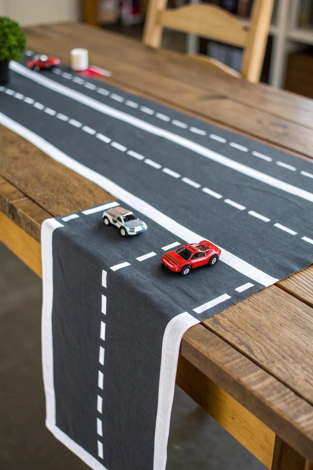 Transform your party table with this striking DIY roadway runner, perfect for a construction-themed celebration.