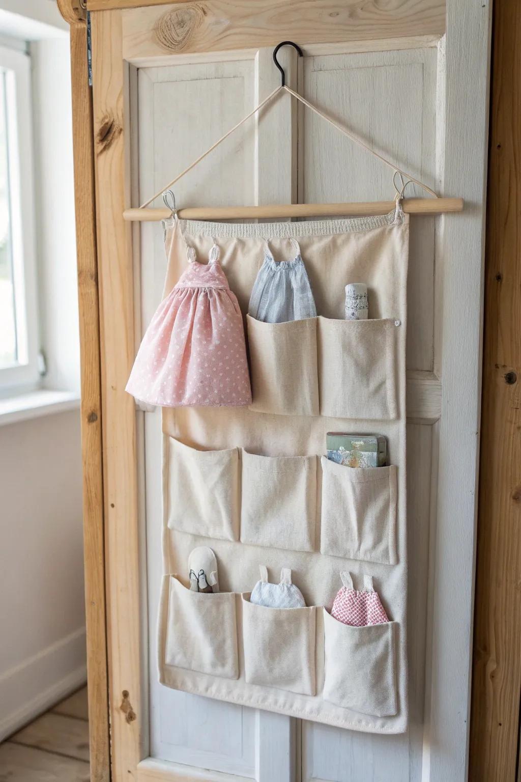 Embrace elegance with minimalist hanging organizers for your doll collection.