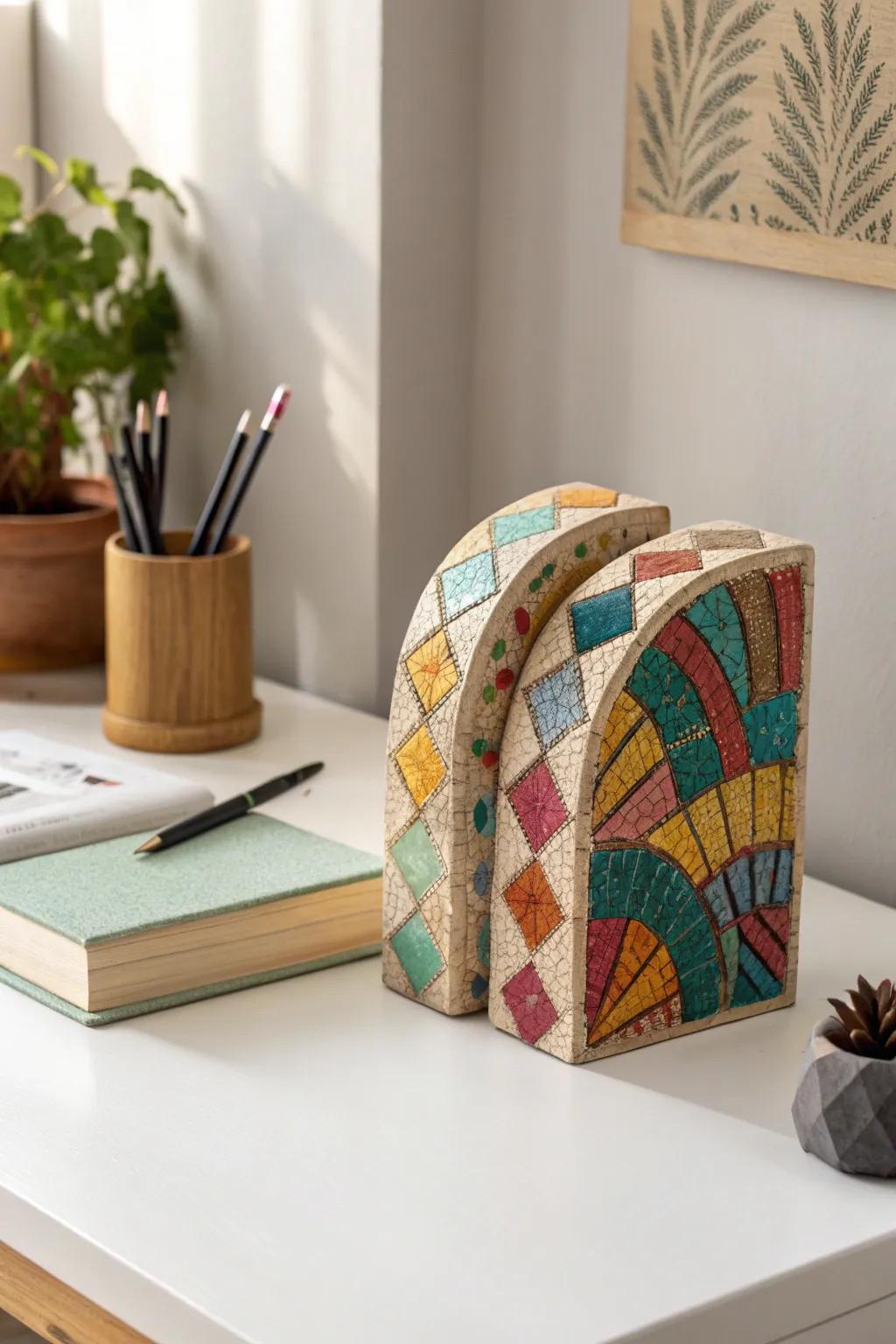 Elevate your workspace with these vibrant DIY mosaic bookends, where simplicity meets creativity.