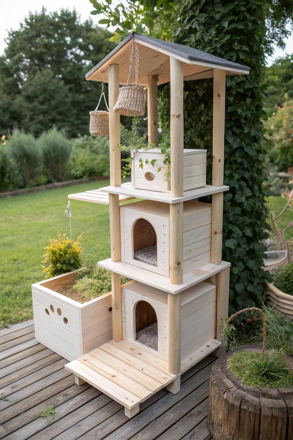 Elevate your cat's outdoor experience with this chic, minimalist stacked kennel catio!