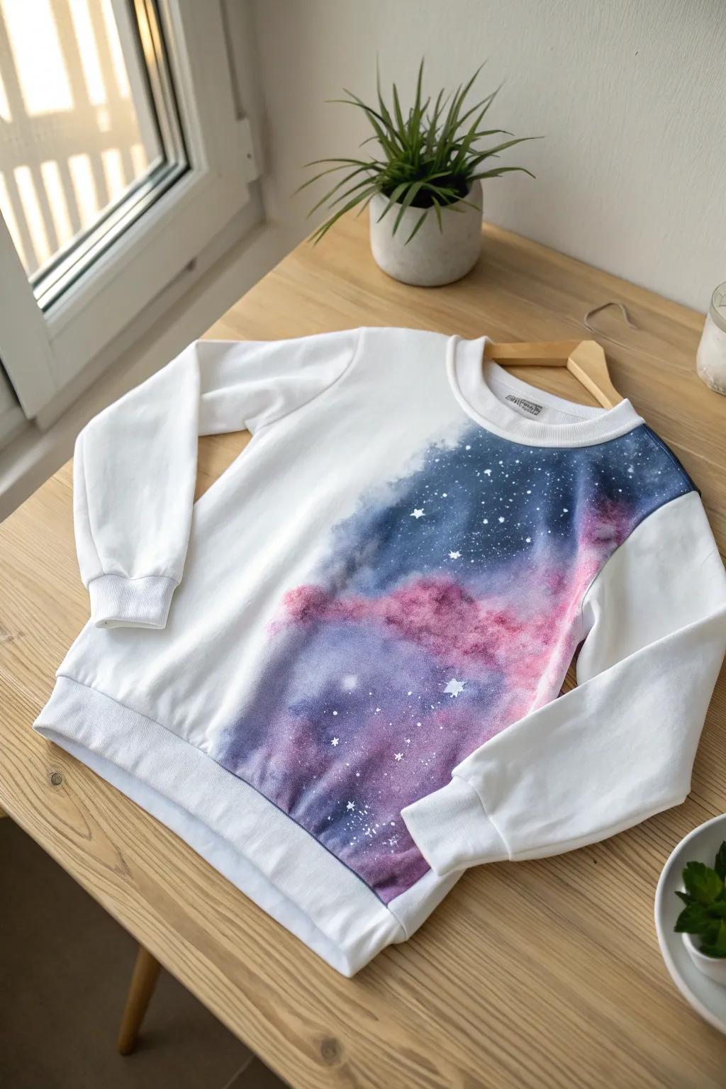 Transform your sweatshirt into a galaxy of creativity with watercolor fabric paints—where simplicity meets cosmic beauty.