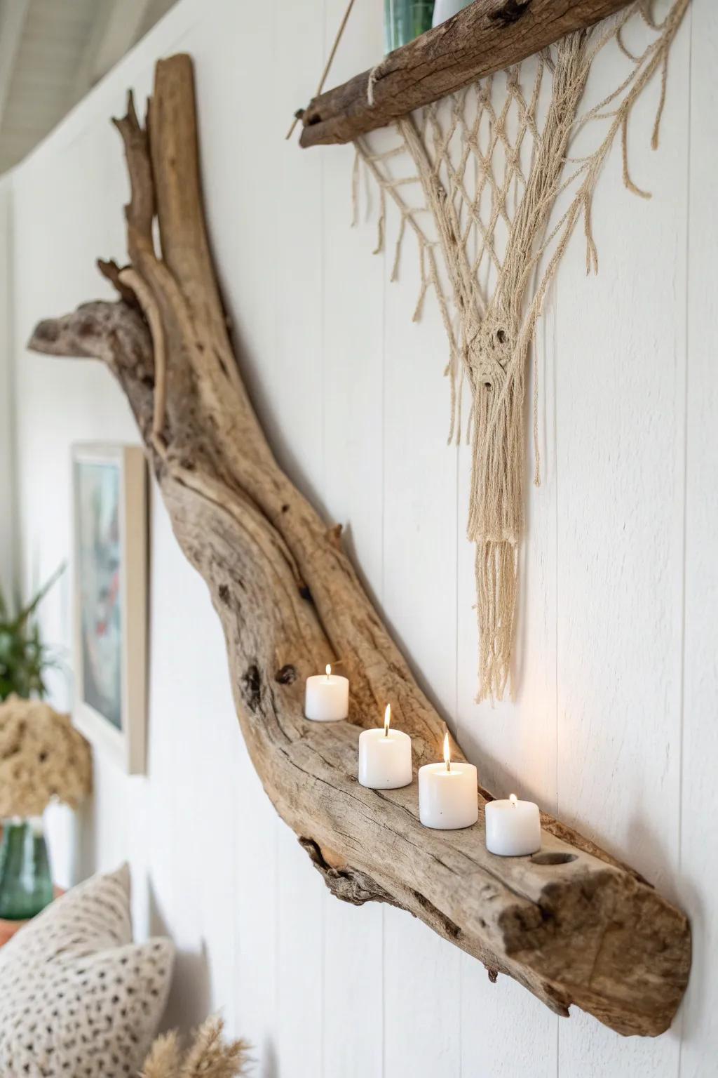Bring the serene beauty of the beach into your home with this elegant driftwood candle holder.