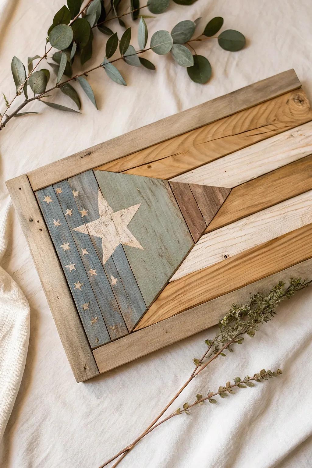 Elevate your home decor with this rustic mixed media flag on wood, where simplicity meets artistic flair.