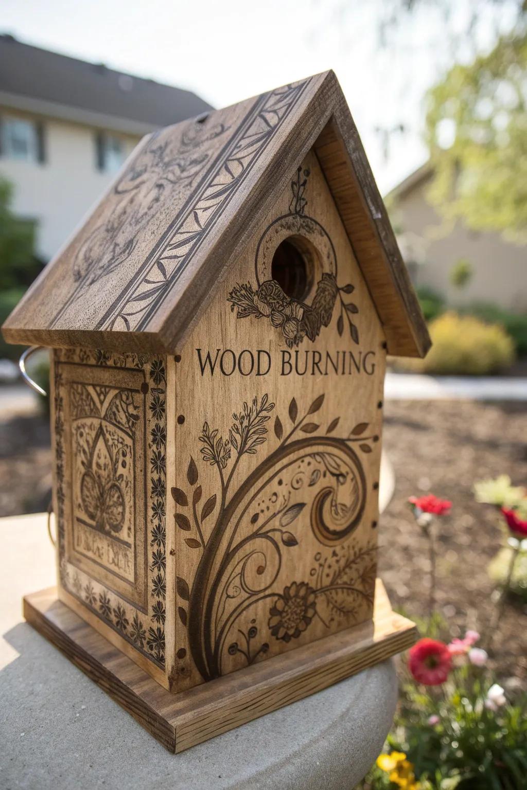Elevate your garden with a handcrafted wood-burned birdhouse, a perfect blend of art and nature.