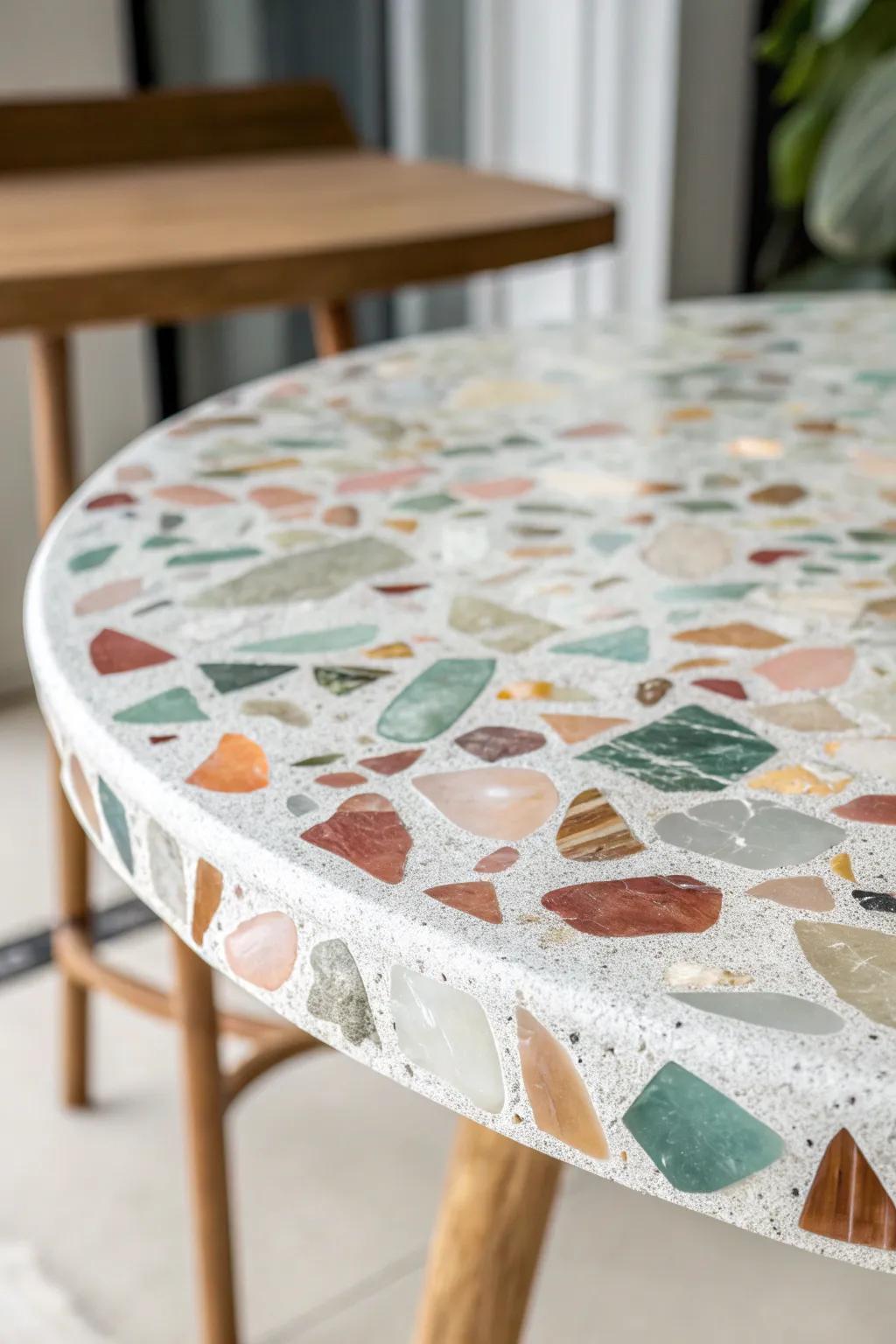 Bring a touch of artistic elegance to your space with this stunning terrazzo-inspired epoxy table top.
