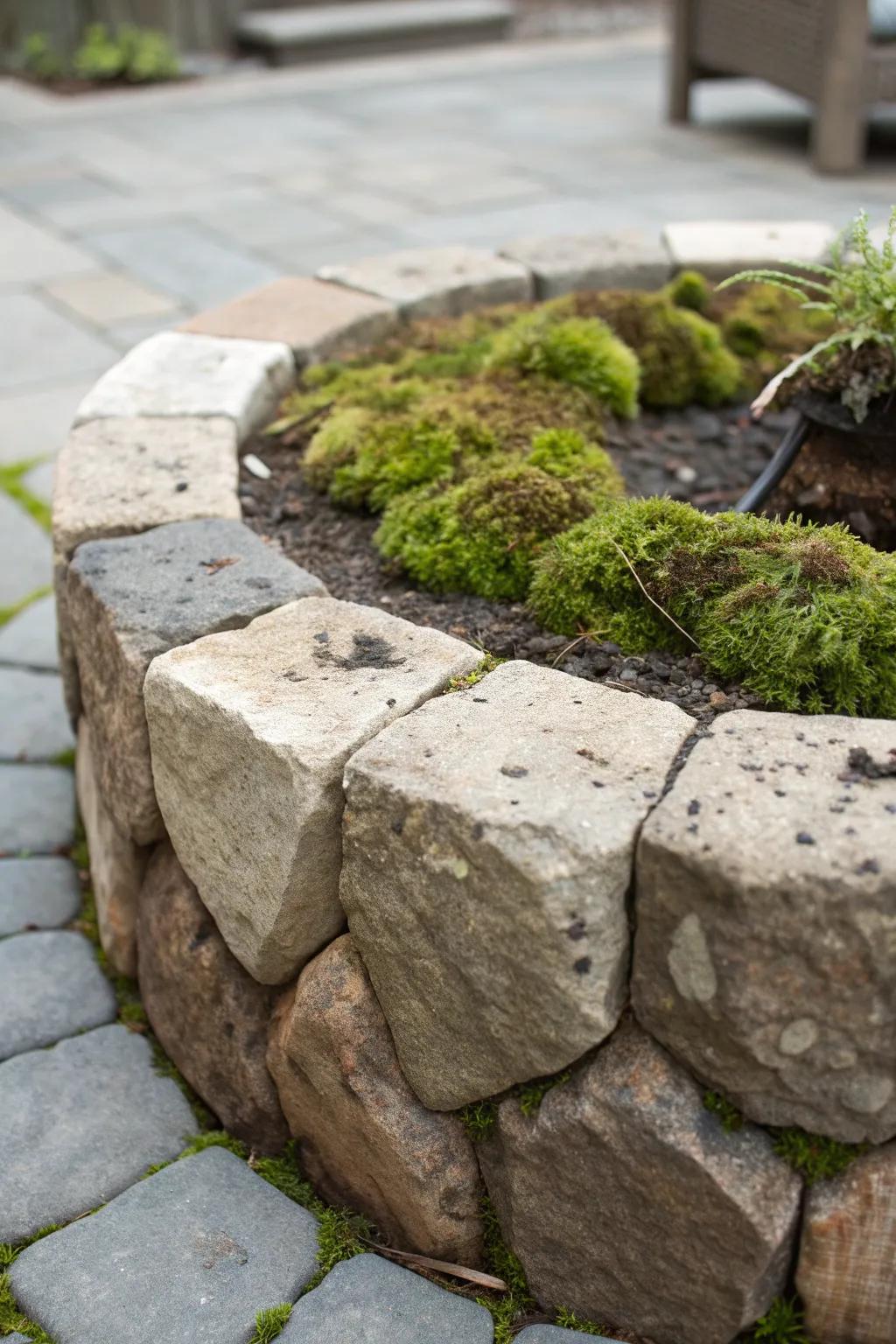 Embrace the rustic charm with a stone and moss fire pit planter, where nature's textures come alive.
