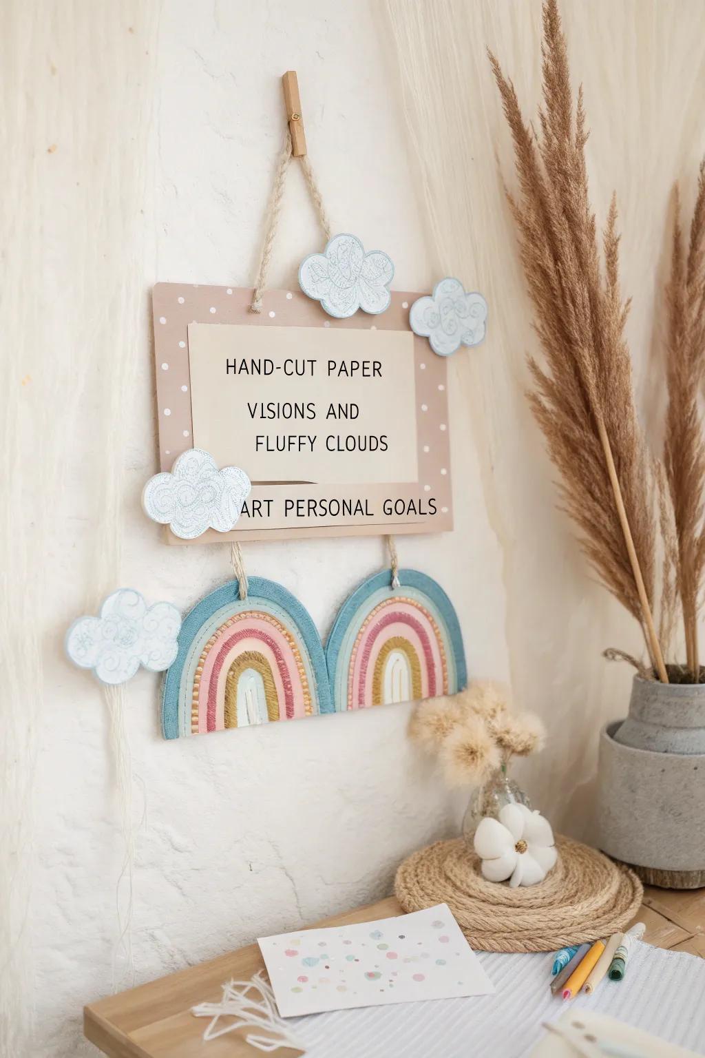 Embrace hope and inspiration with a handcrafted Promise Vision Board, blending minimalist beauty and personal dreams. 🌈☁️✨ #ScandiBoho #VisionBoardInspo