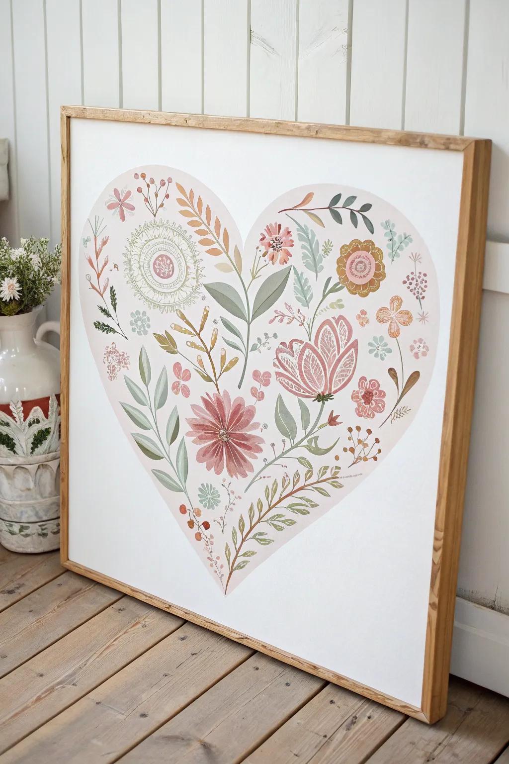 Embrace nature indoors with this intricately designed floral heart painting, perfect for adding a touch of springtime charm to any minimalist space.