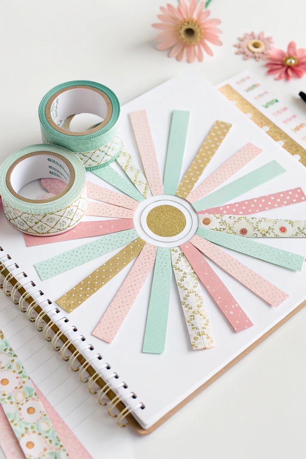 Illuminate your scrapbook with a stunning washi tape sunburst! Perfect for adding a touch of elegance and creativity to your pages.