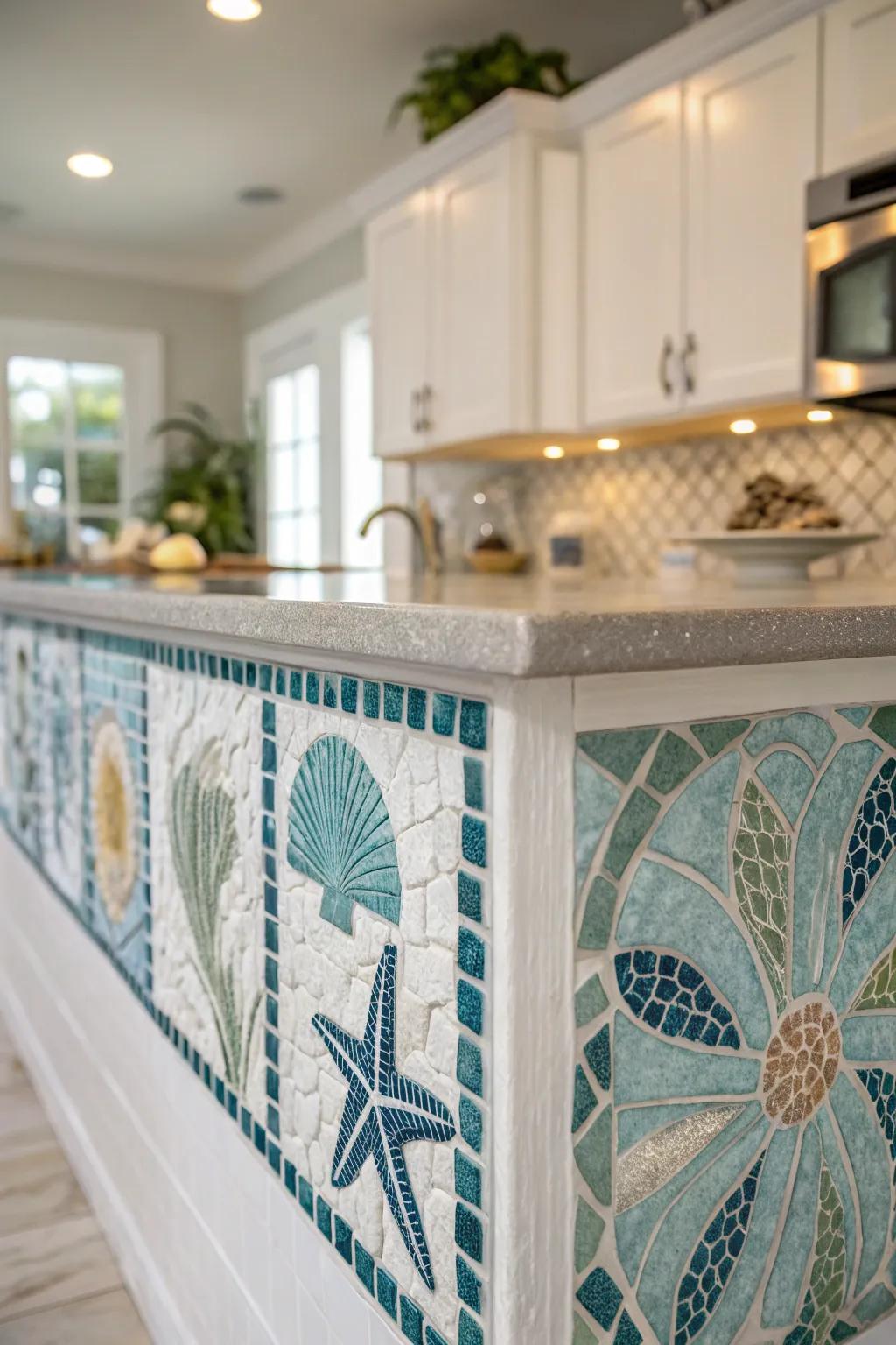 Bring the ocean's tranquility into your kitchen with artistic mosaic tiles.