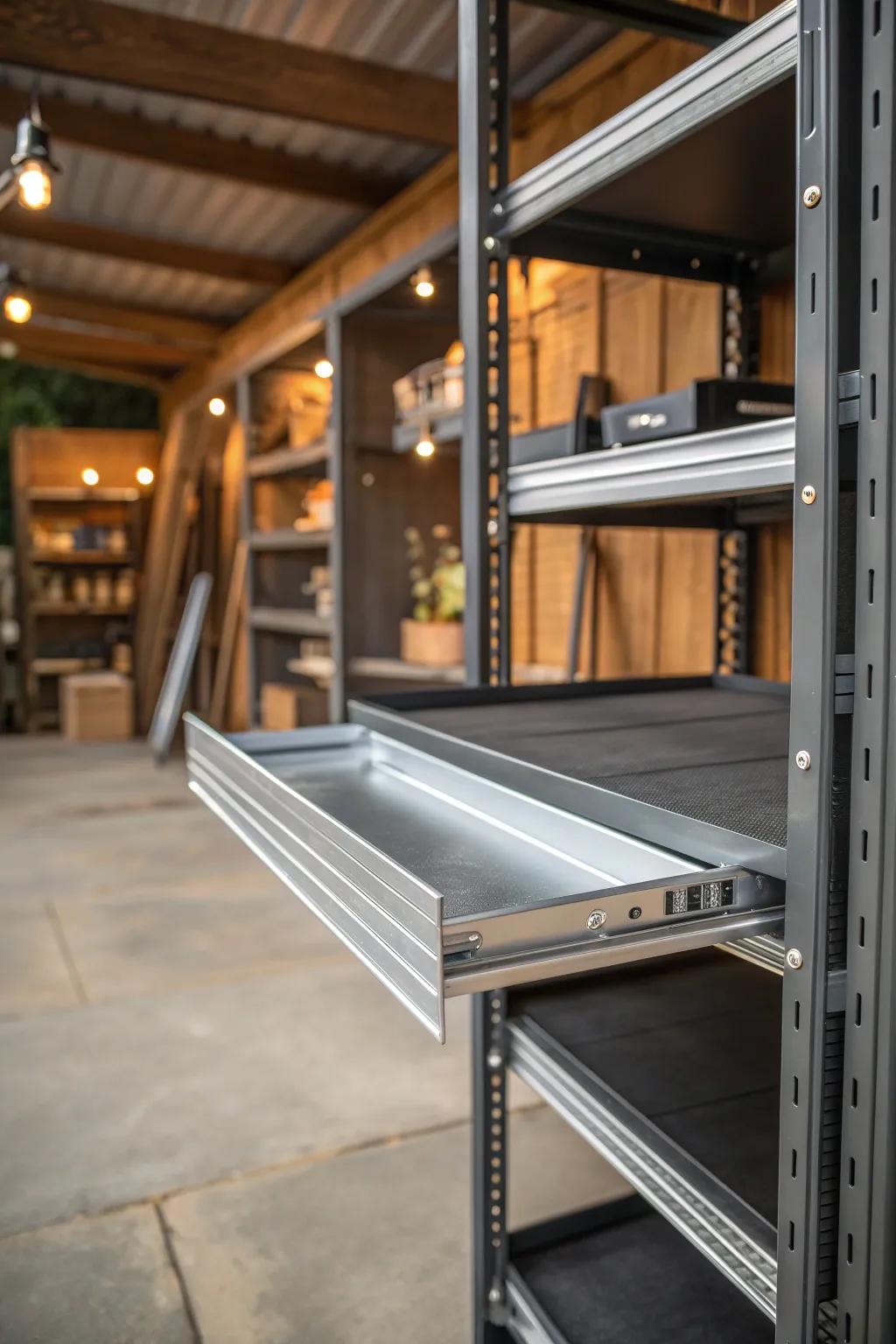 Elevate your shed's functionality with sleek sliding shelves—where practical design meets craftsmanship.